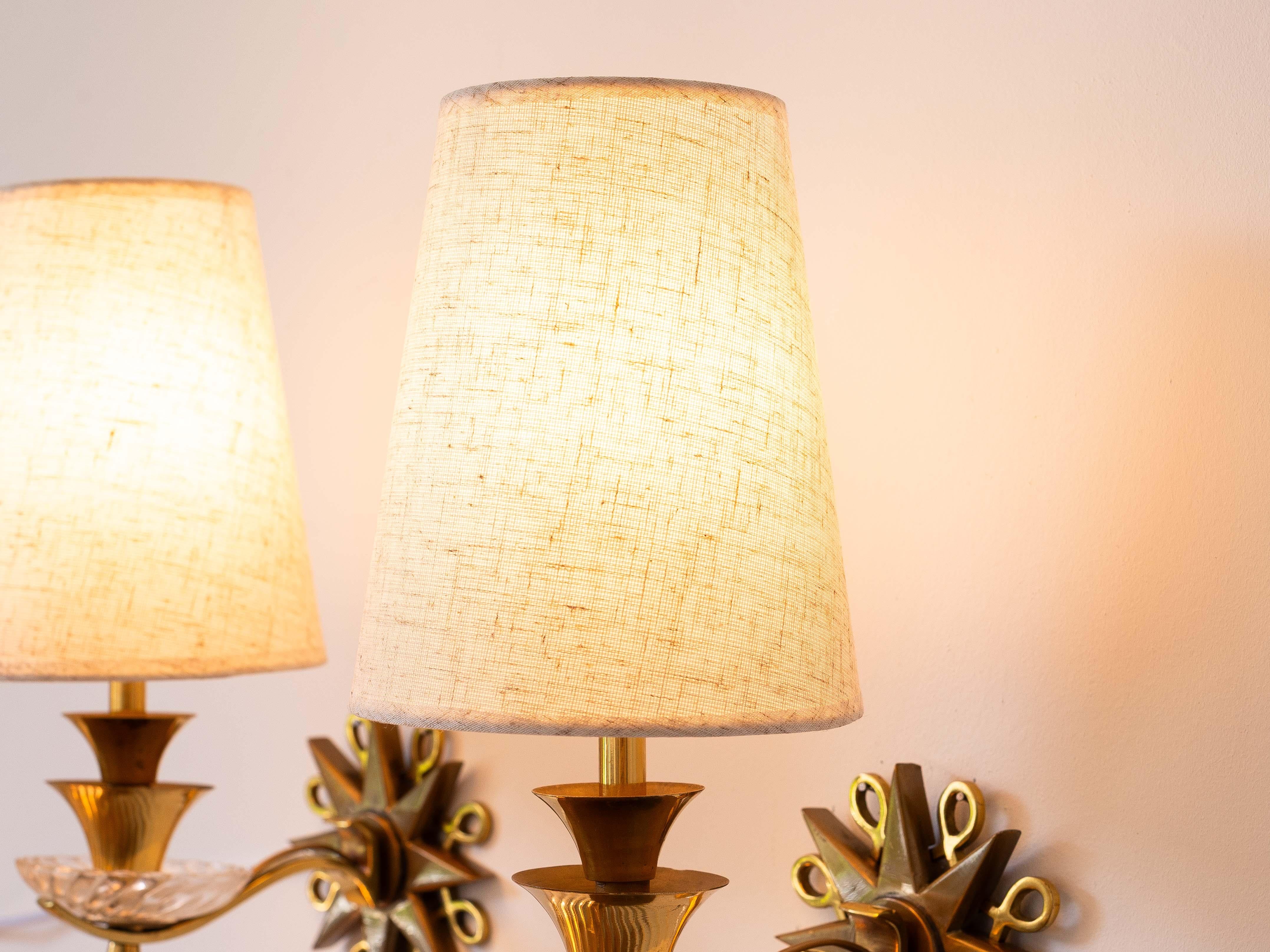 Art Deco Sconces in Brass, Bronze & Glass - in the style of Jules Leleu - 1930s For Sale 4