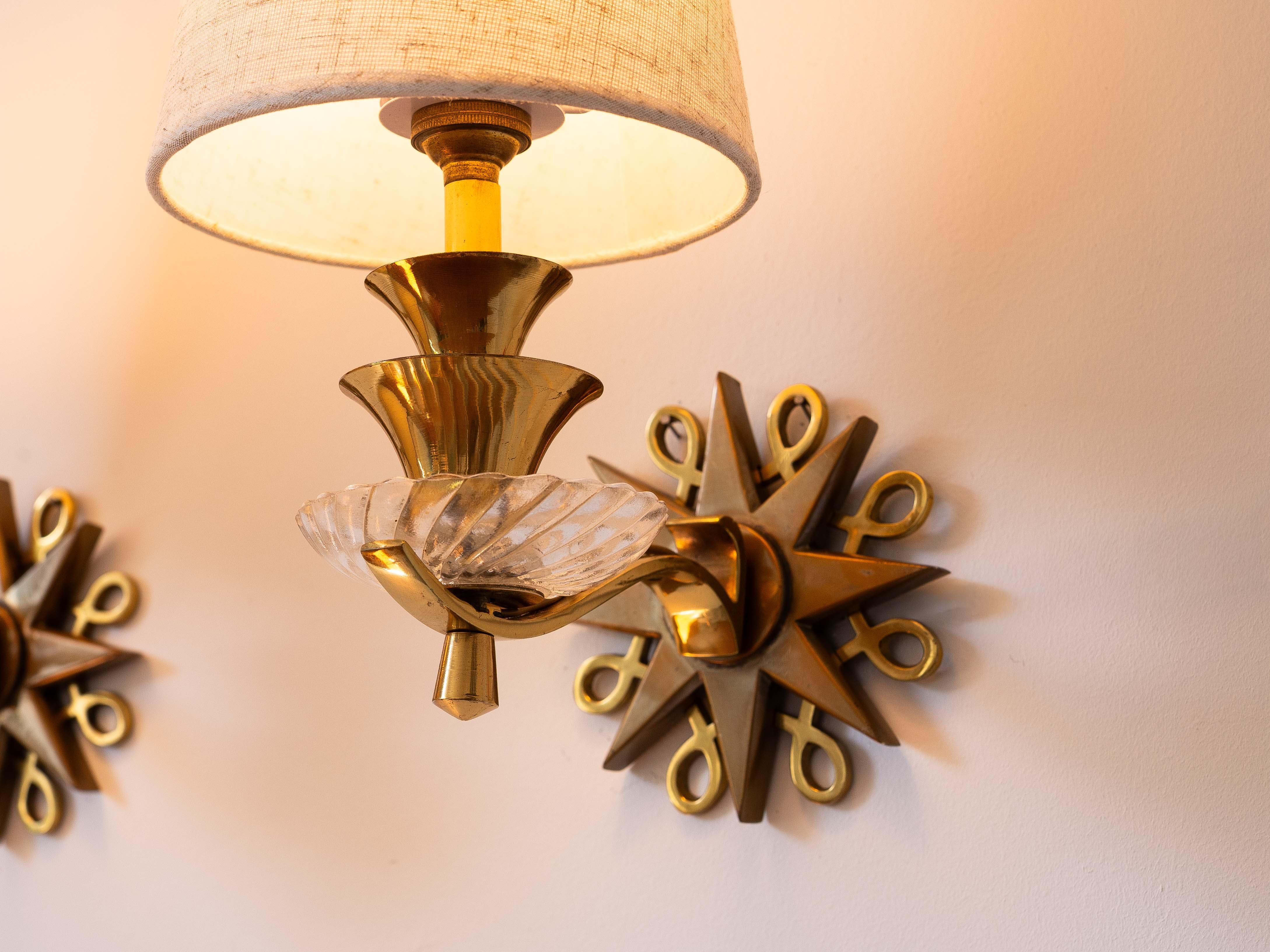 Art Deco Sconces in Brass, Bronze & Glass - in the style of Jules Leleu - 1930s For Sale 5