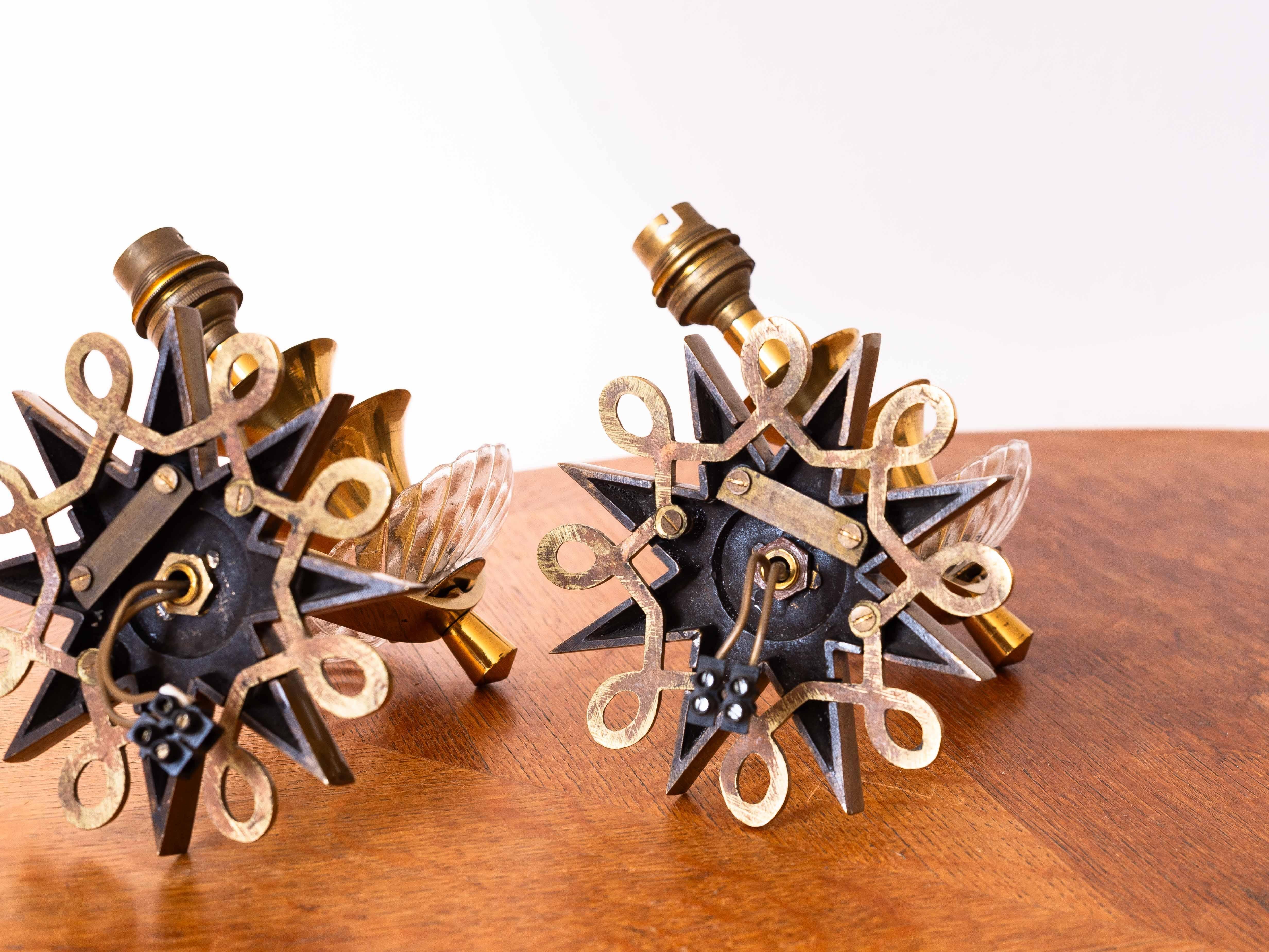 Art Deco Sconces in Brass, Bronze & Glass - in the style of Jules Leleu - 1930s For Sale 8