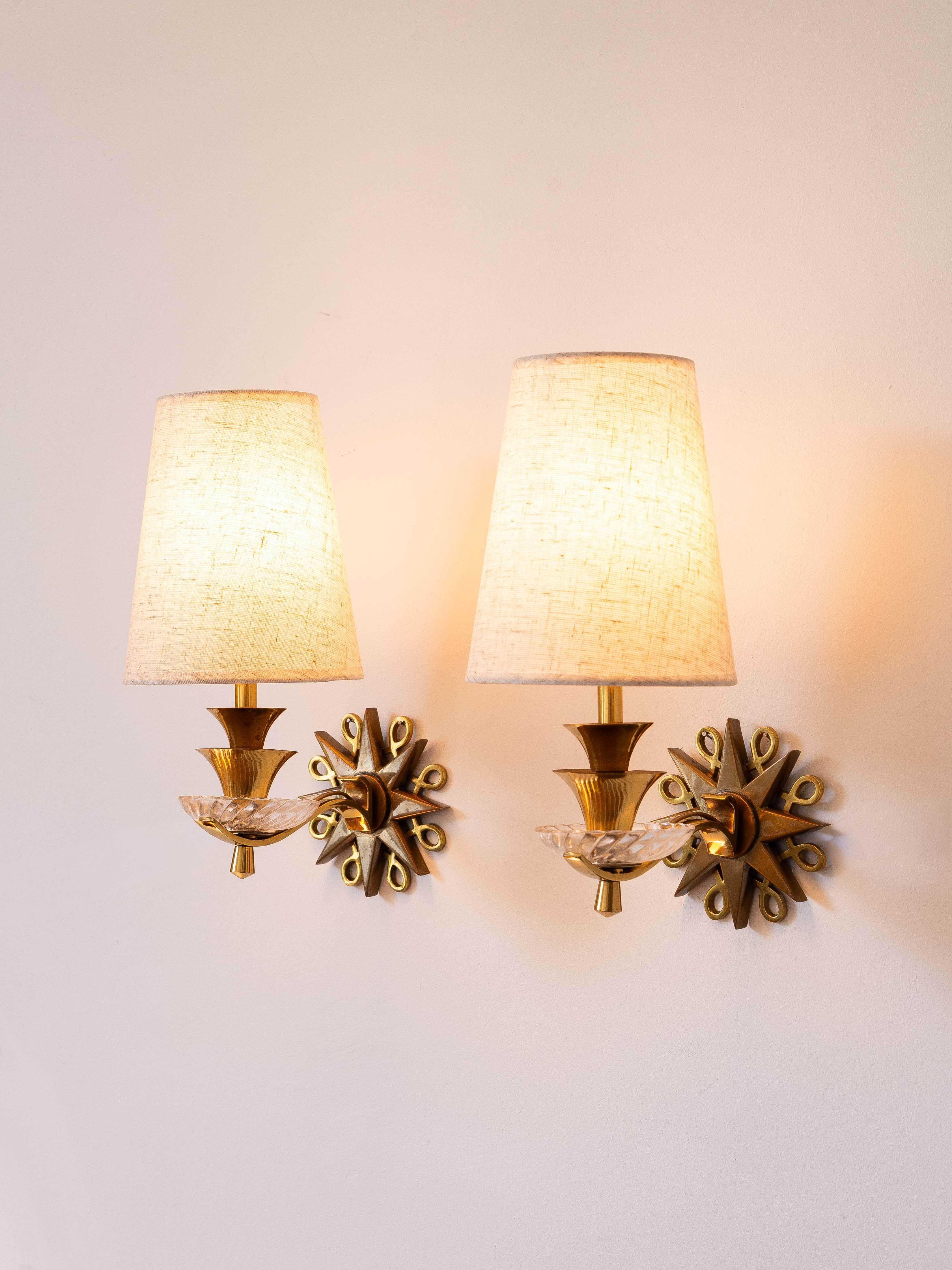 French Art Deco Sconces in Brass, Bronze & Glass - in the style of Jules Leleu - 1930s For Sale