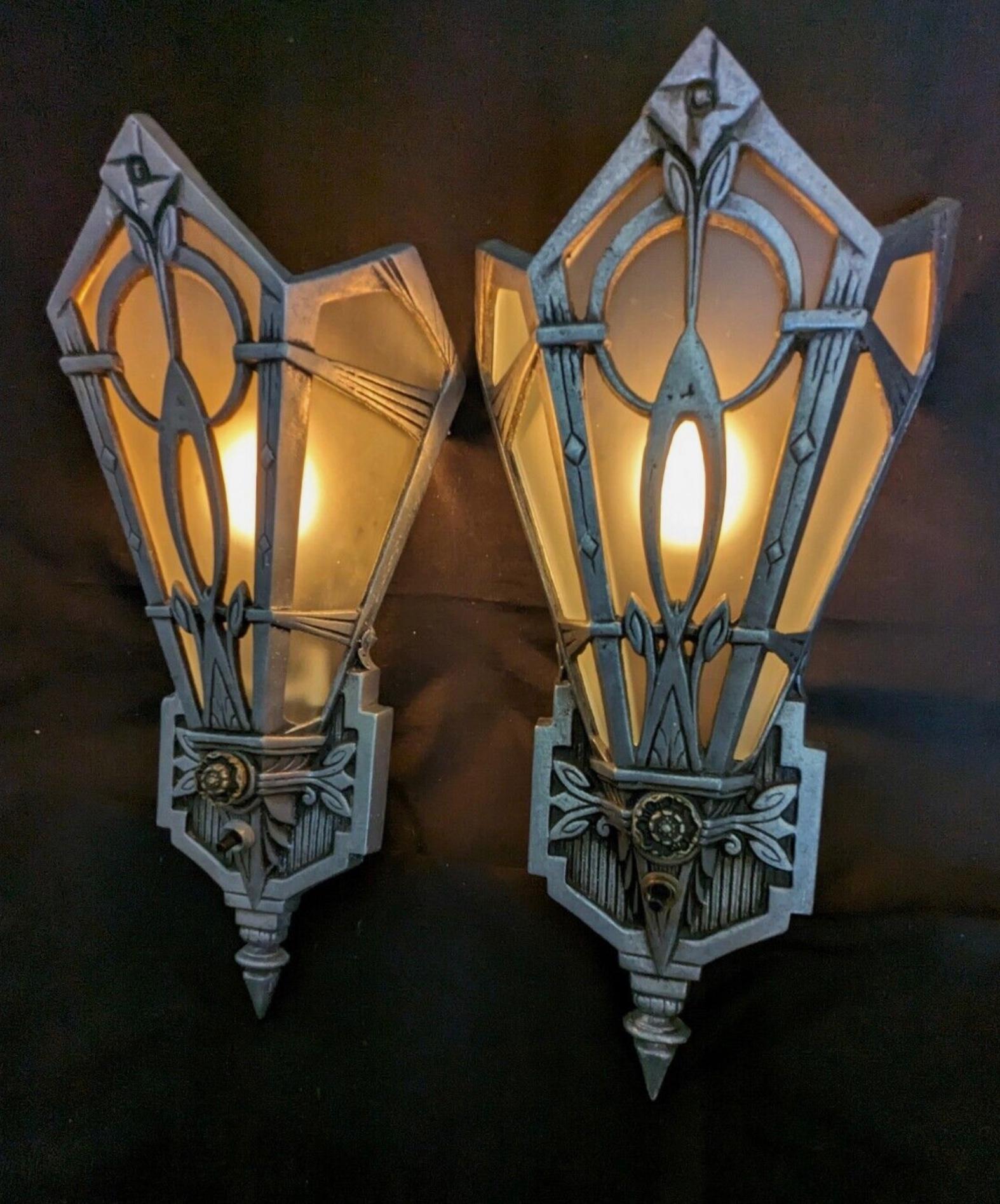 Art Deco Sconces Original 1920's Aluminum with Glass Panels Unique. For