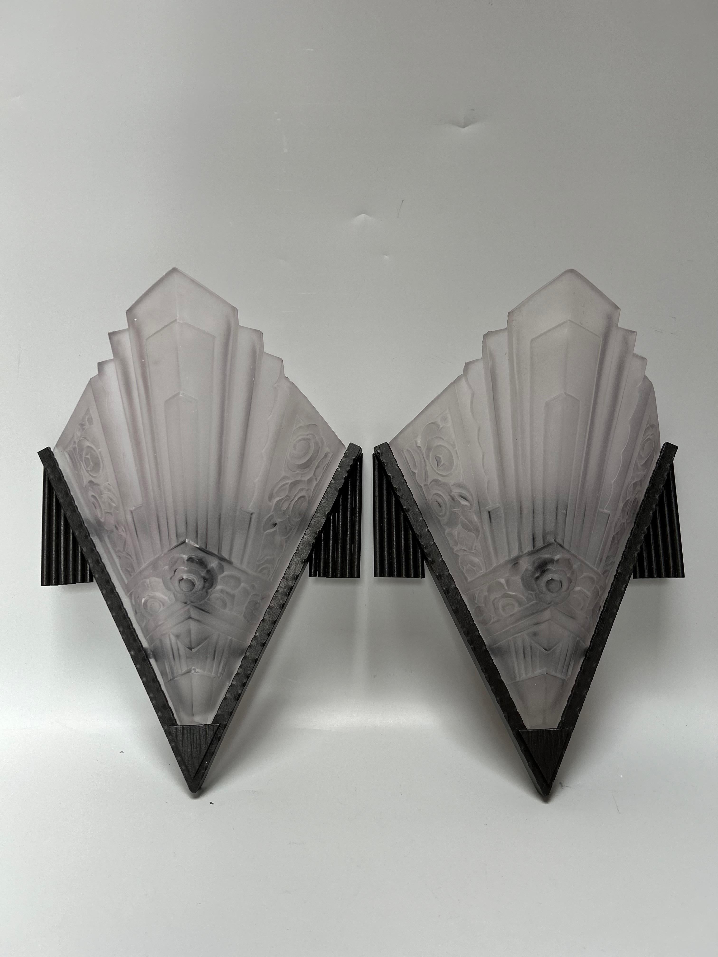 French Art Deco Sconces Suite of 4 Signed SEVB For Sale