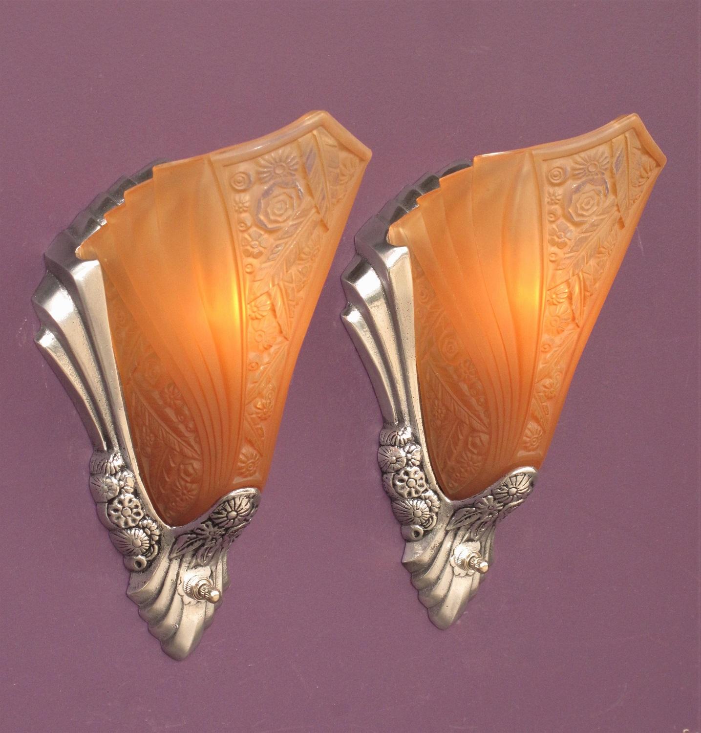 American Art Deco Sconces with Original Slip Shades For Sale