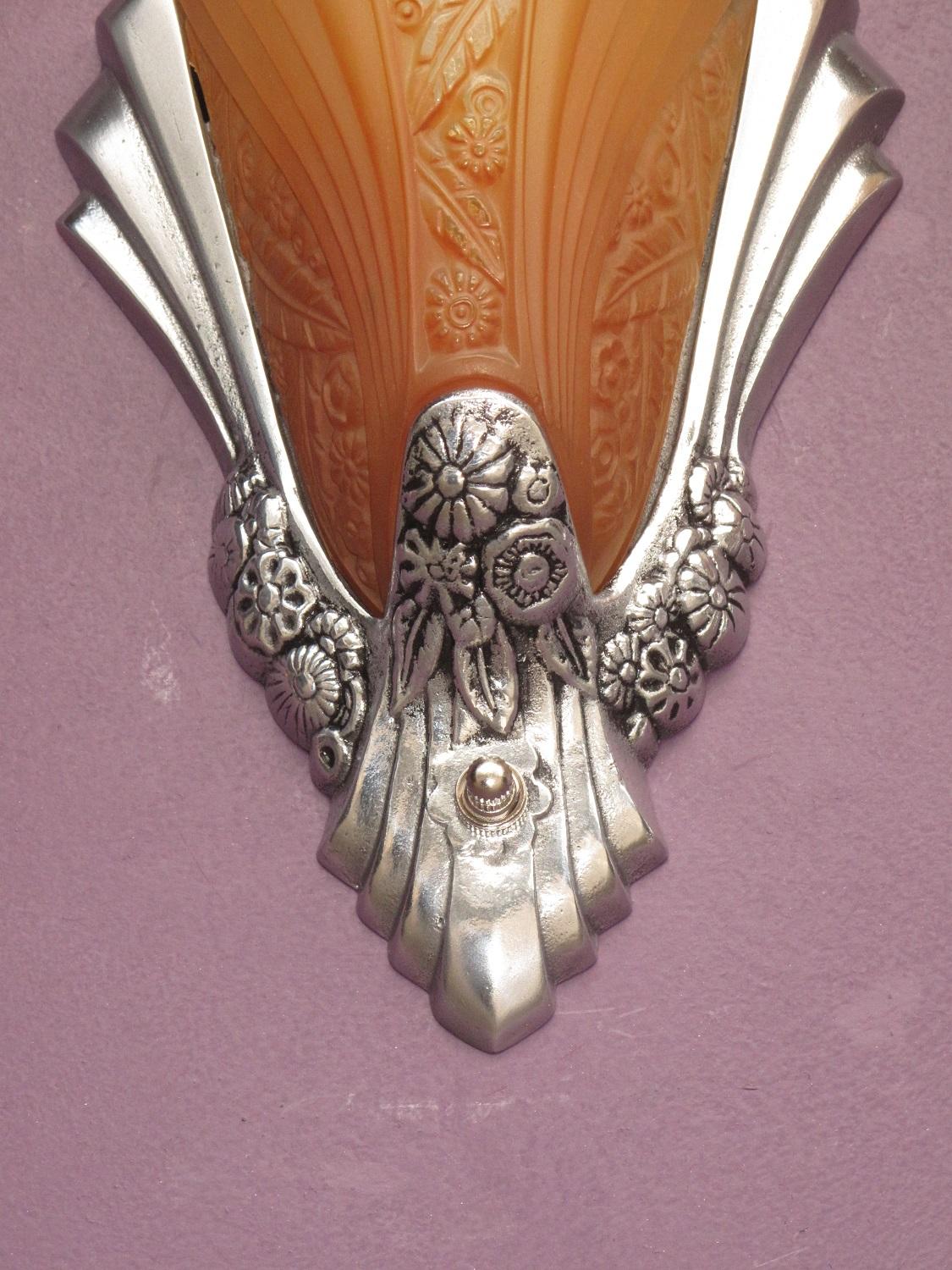 Polished Art Deco Sconces with Original Slip Shades For Sale