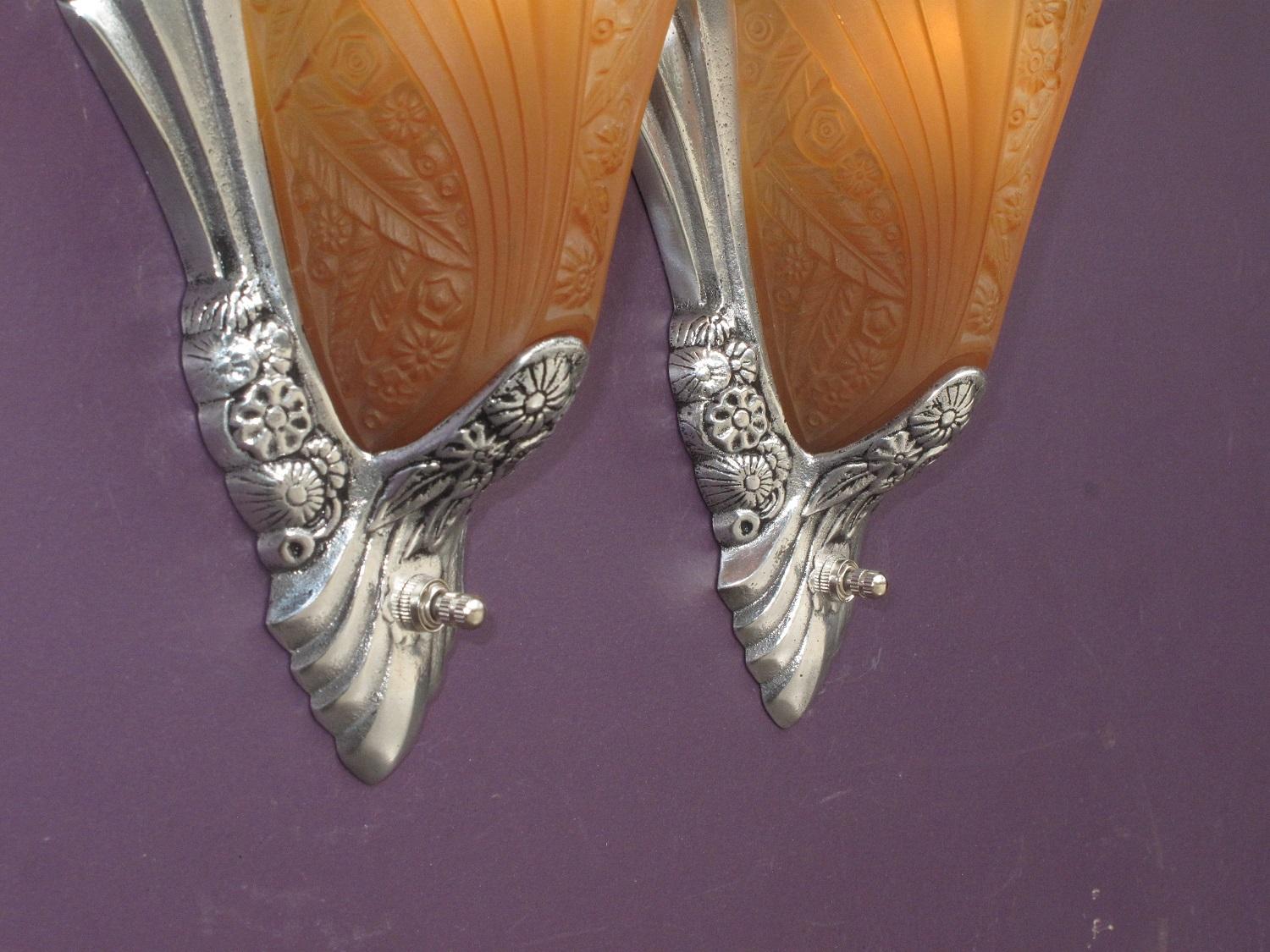 Art Deco Sconces with Original Slip Shades In Good Condition For Sale In Prescott, AZ