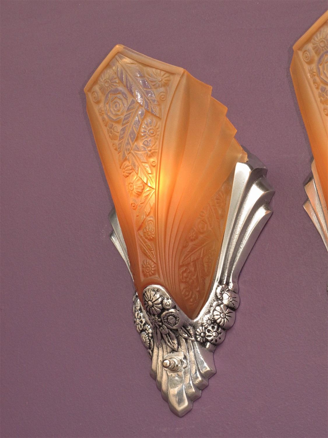 20th Century Art Deco Sconces with Original Slip Shades For Sale