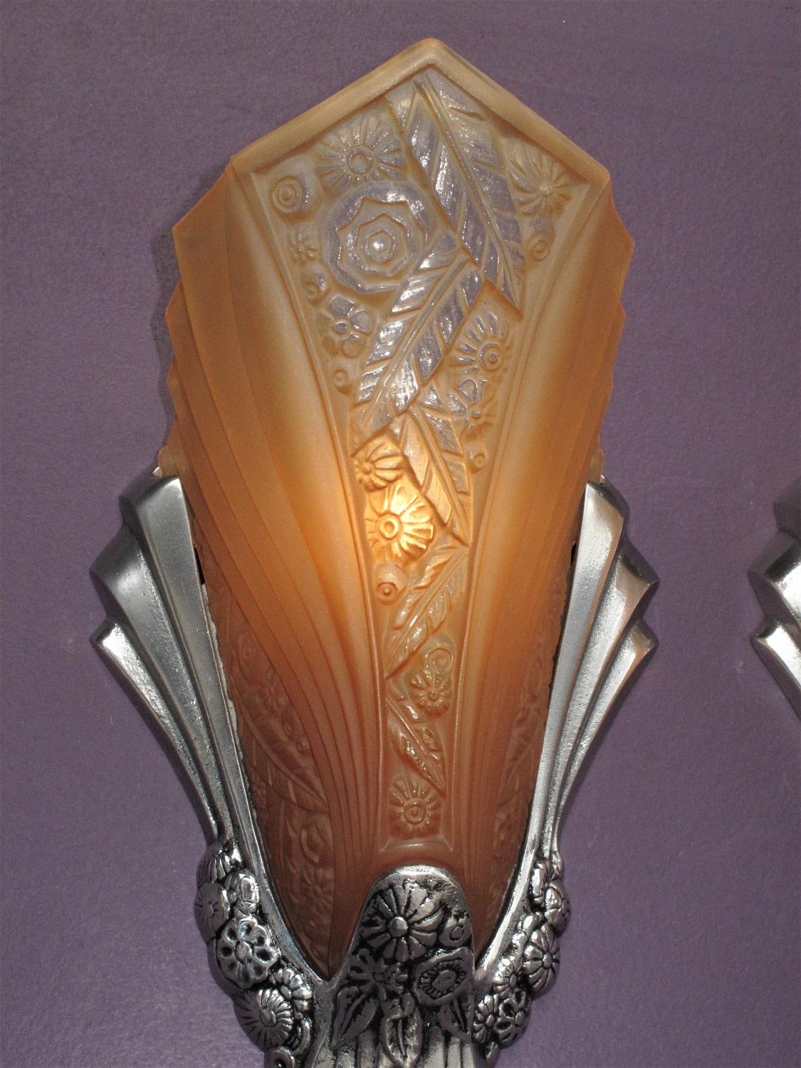 Aluminum Art Deco Sconces with Original Slip Shades For Sale