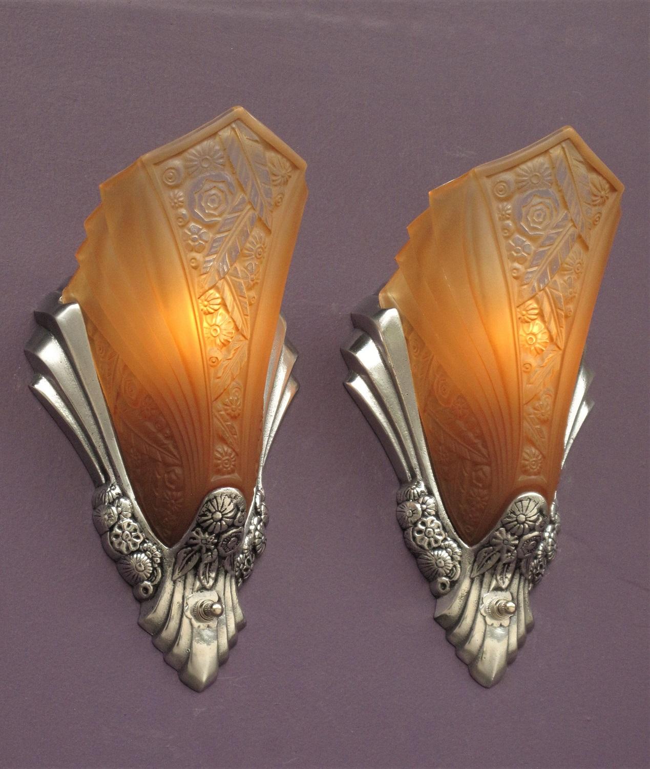 Art Deco Sconces with Original Slip Shades For Sale 1