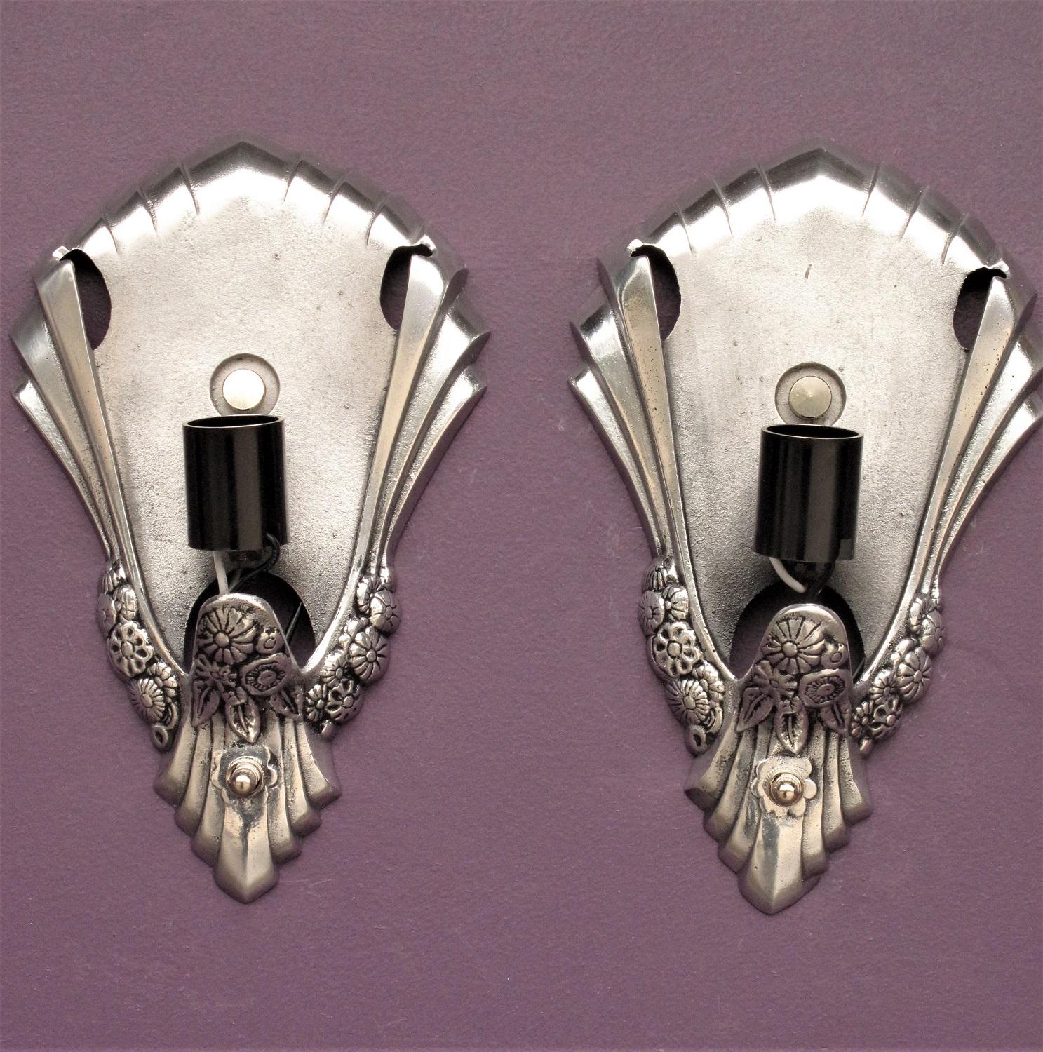 Art Deco Sconces with Original Slip Shades For Sale 2