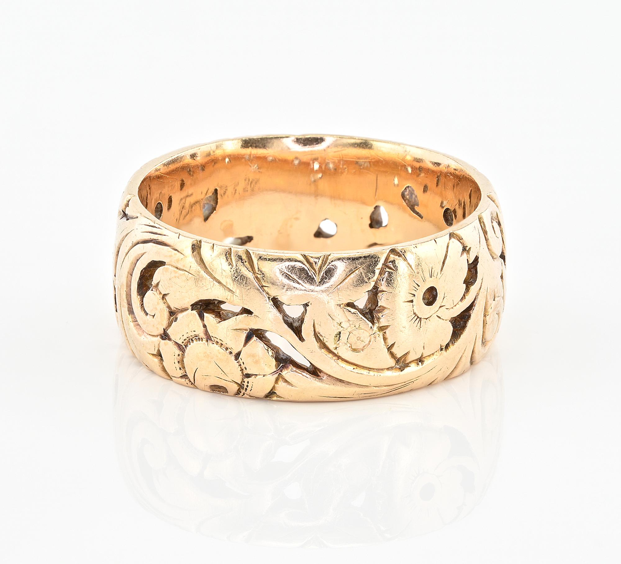 Art Déco Art Deco Scroll Flower 14 Kt Wide Band Rind 1920 inciso in vendita