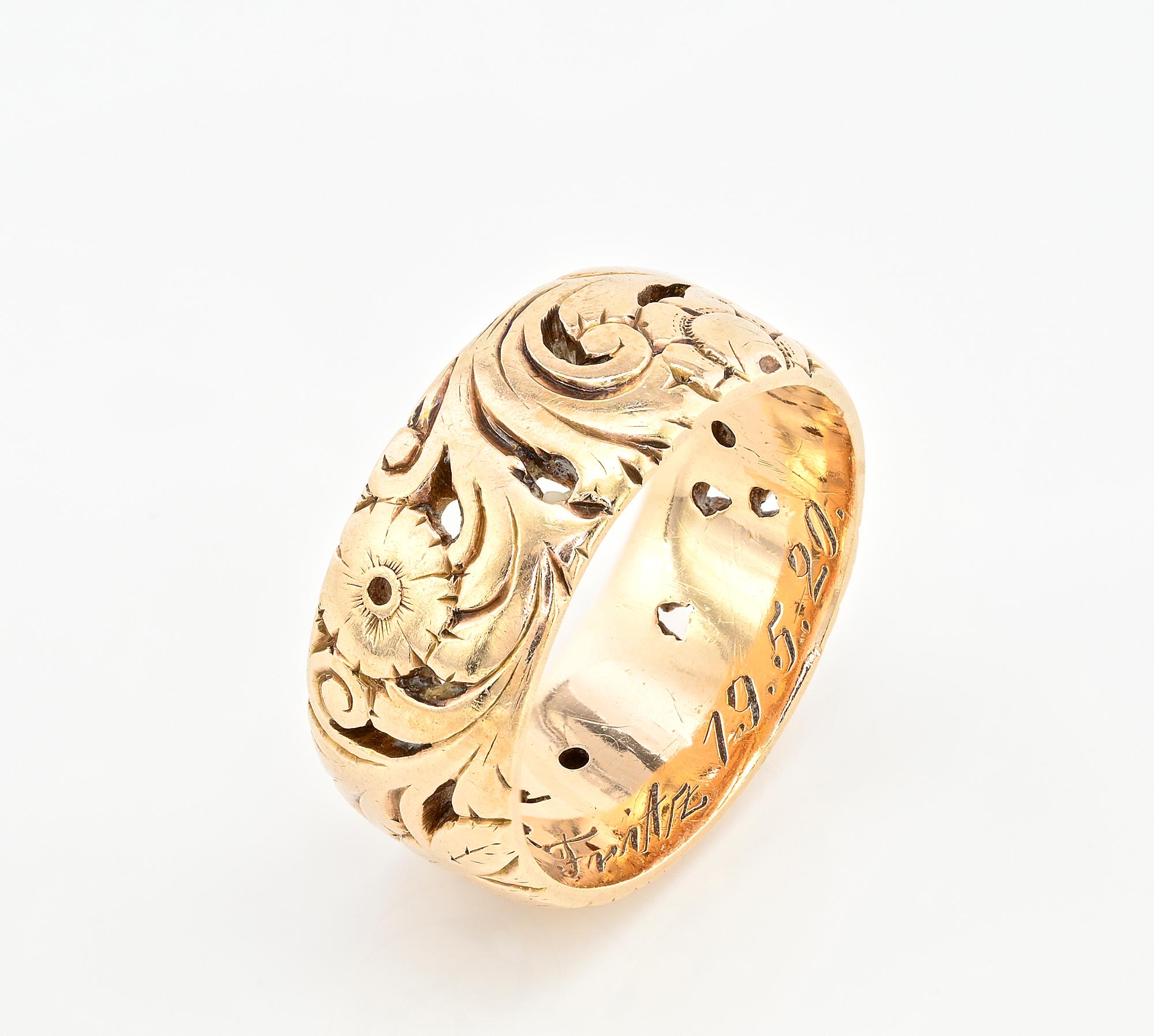 Art Deco Scroll Flower 14 Kt Wide Band Rind 1920 inciso in vendita 1