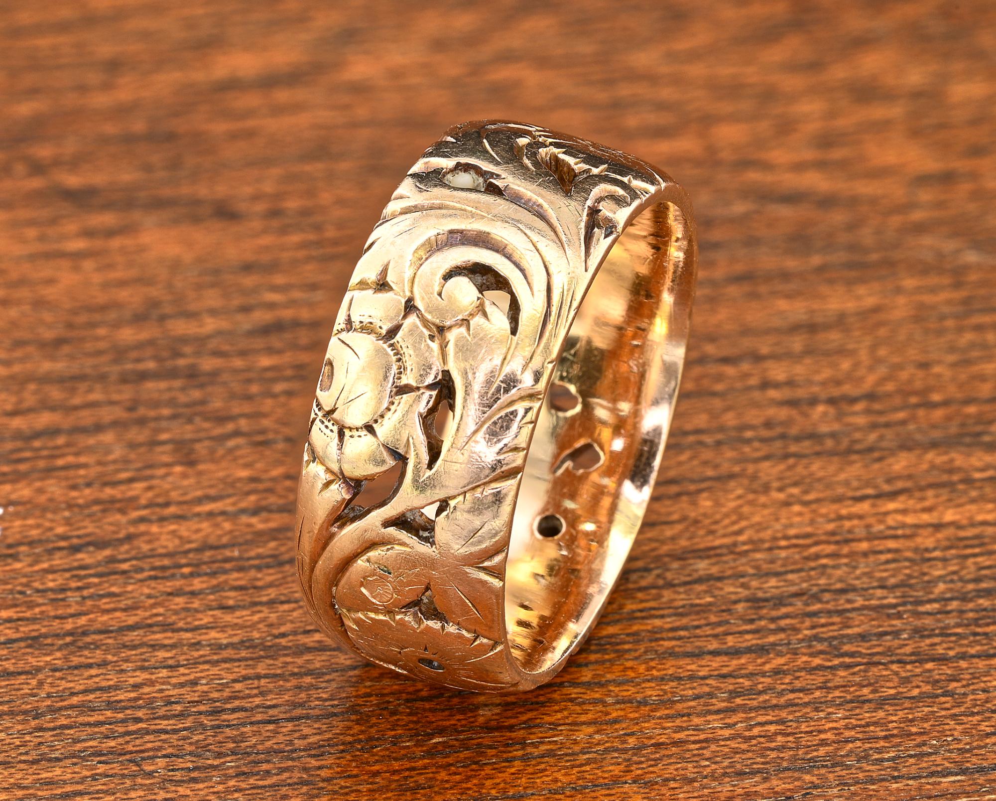Art Deco Scroll Flower 14 Kt Wide Band Rind 1920 inciso in vendita 2