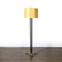 Art Deco Scroll Form Base Machine Age Cylindrical Vitrolite & Bronze Floor Lamp