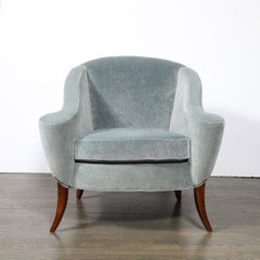 Art Deco Scroll Form Lounge Chair w/ Walnut Supports & Powder-Blue Velvet Mohair