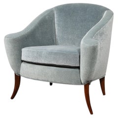 Art Deco Scroll Form Lounge Chair w/ Walnut Supports & Powder-Blue Velvet Mohair