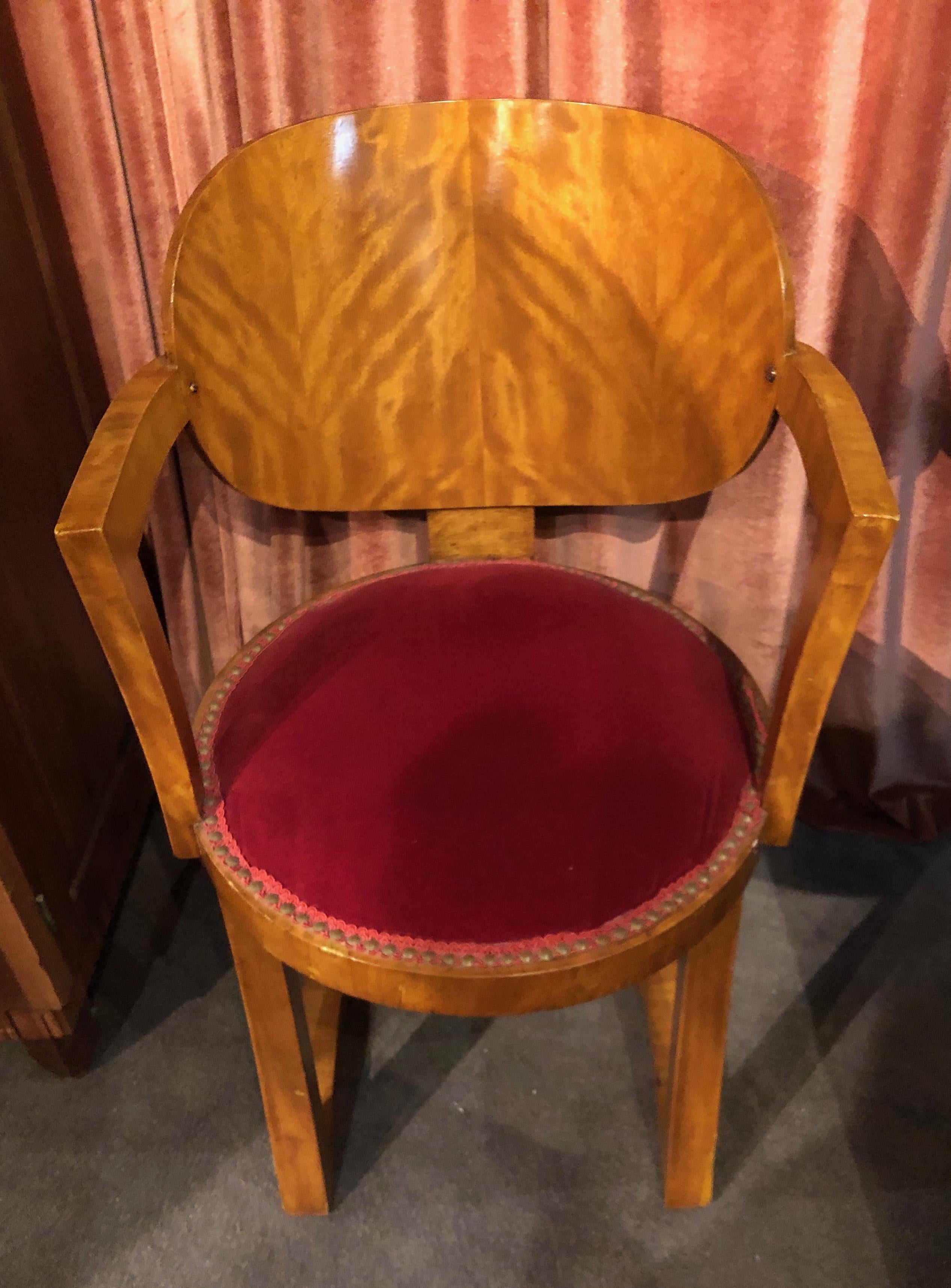 Flamed wood office or side chair. Art Deco style with beautiful lines, interesting exotic wood with unusual flared arms matching the legs. A simple upholstered stool seat in Burgundy velvet surrounded by French nails. Nice details of bentwood and