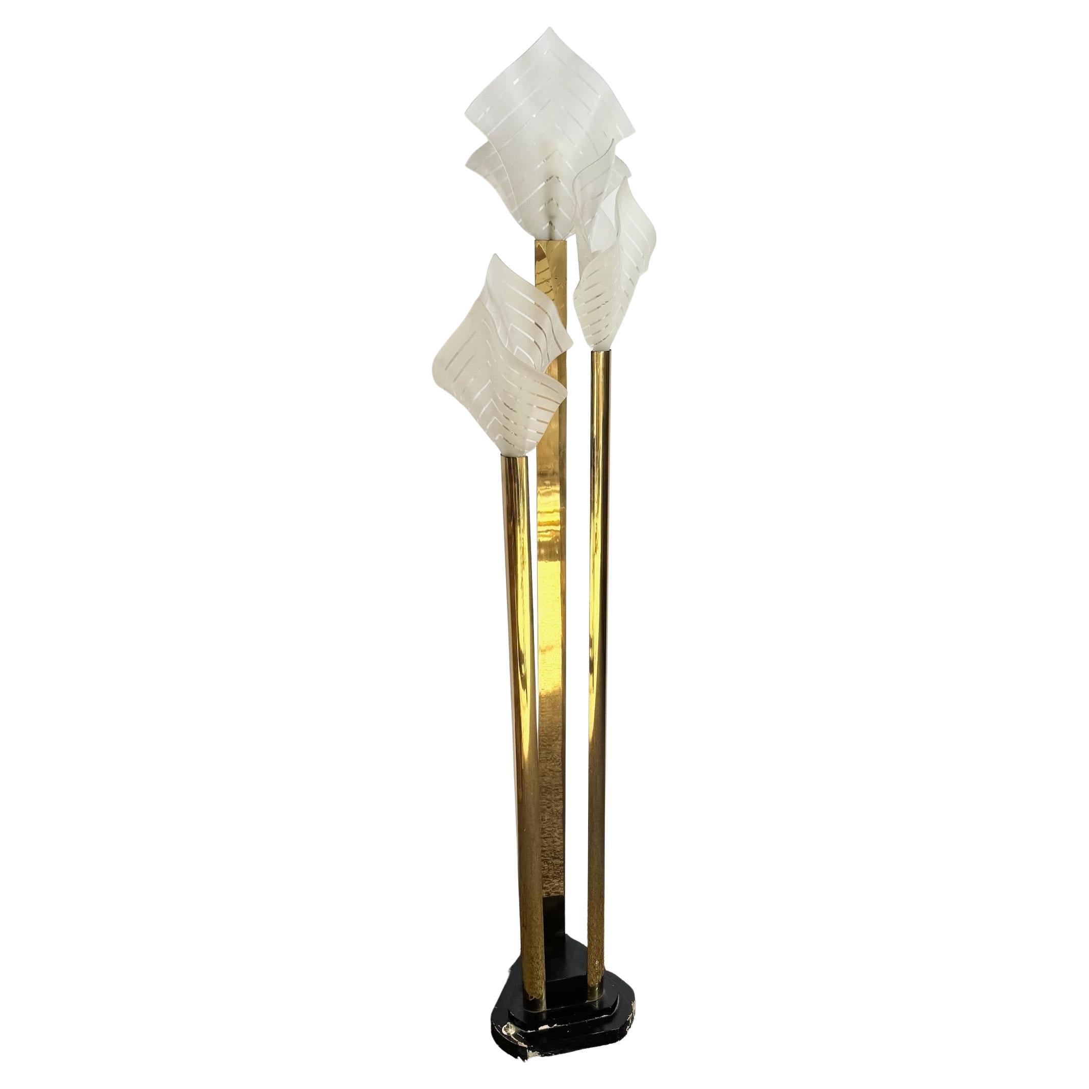 Art Deco Sculptural Acrylic and Brass Torchiere Floor Lamp With Calla Lily For Sale