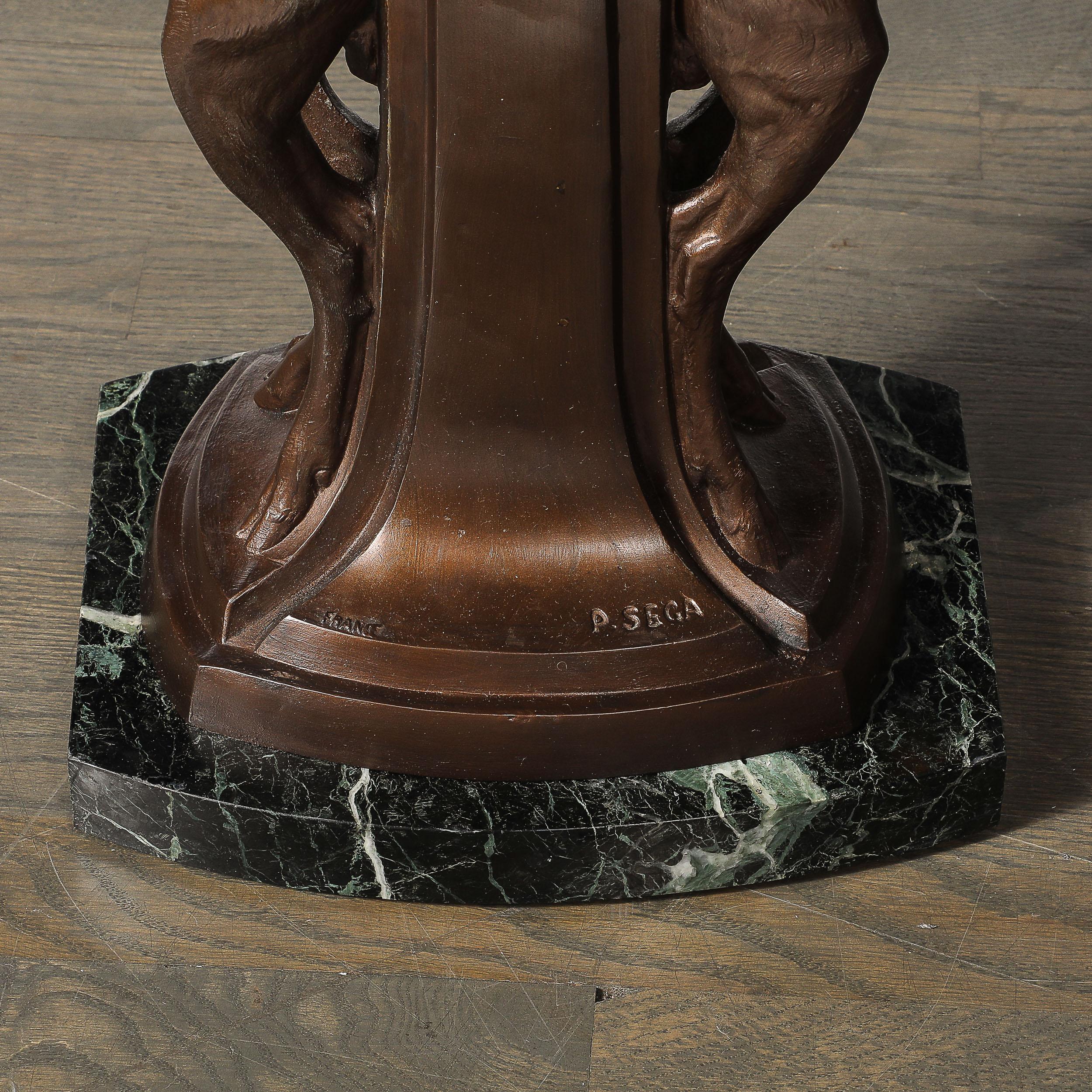 Art Deco Sculptural Bronze Gazelle Motif & Green Marble Side Table signed P Sega For Sale 5