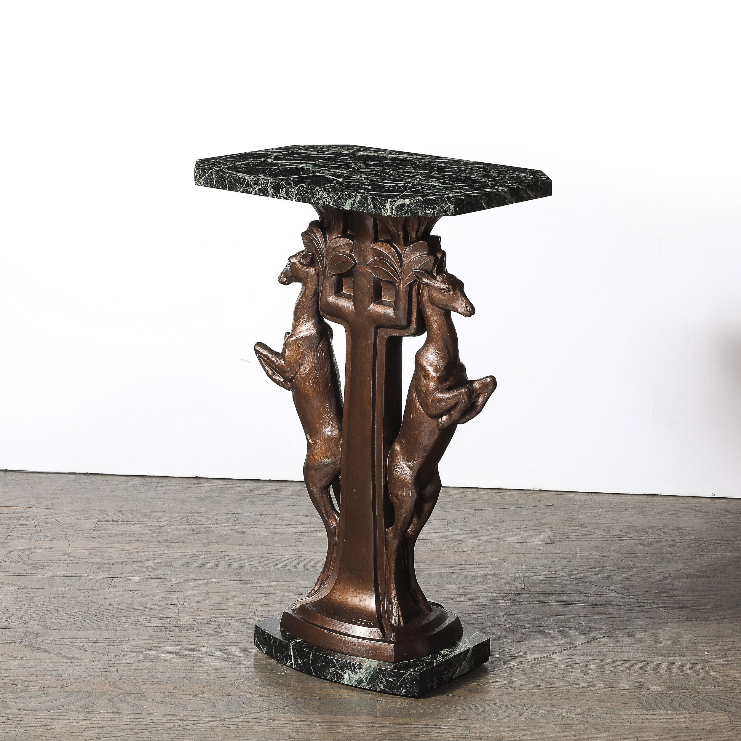 Art Deco Sculptural Bronze Gazelle Motif & Green Marble Side Table signed P Sega For Sale 9