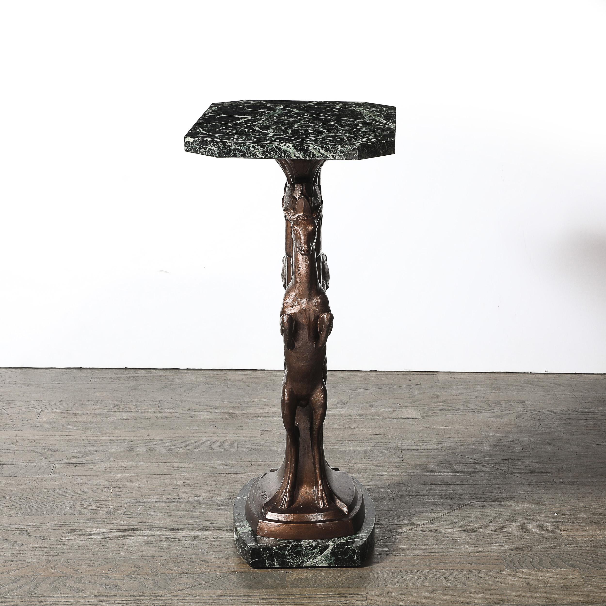 Art Deco Sculptural Bronze Gazelle Motif & Green Marble Side Table signed P Sega For Sale 11