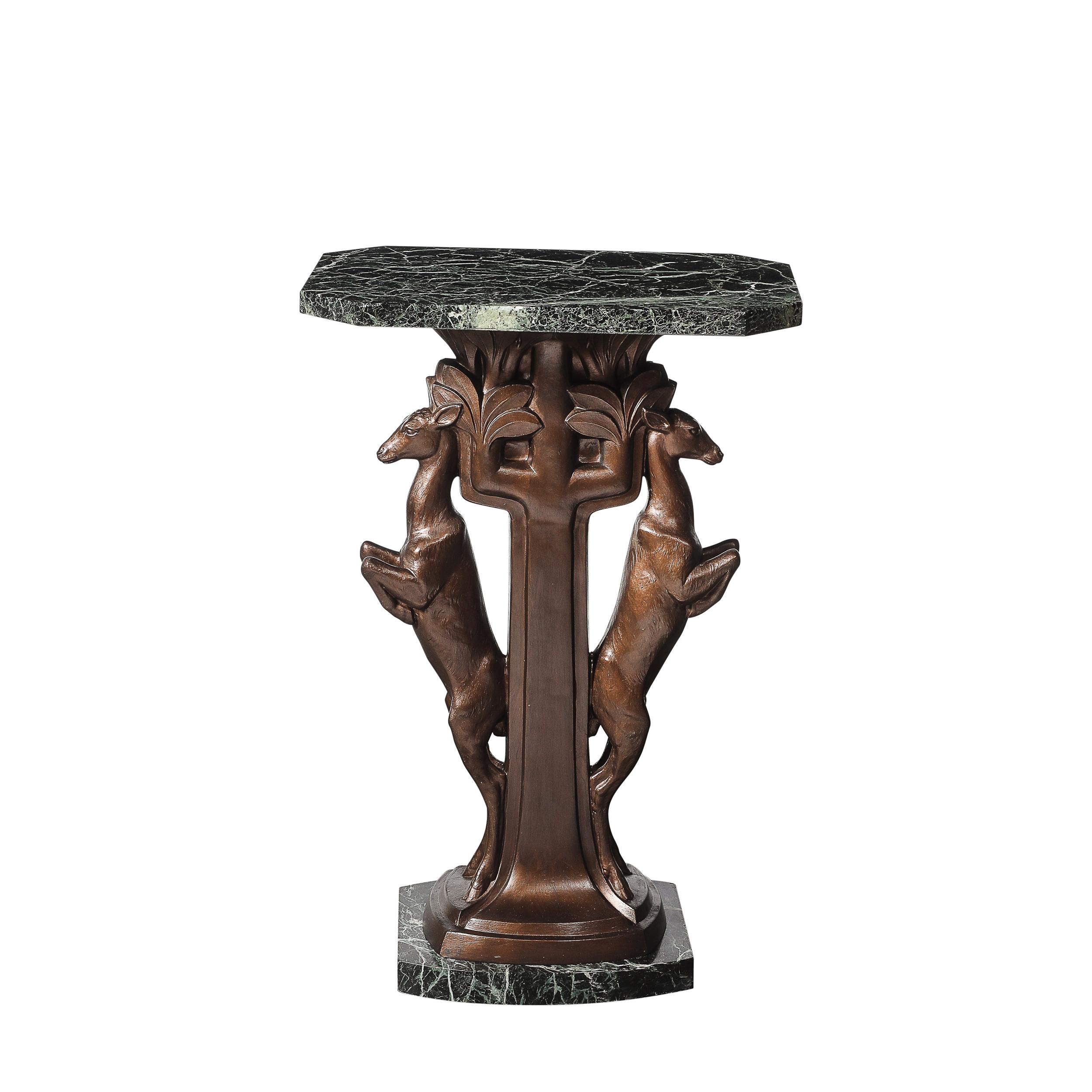 This exquisite Art Deco occasional table is a masterclass in sculptural design and craftsmanship, attributed to the renowned French artist P. Sega and created circa 1930. The table combines luxurious materials and dynamic artistry, making it a