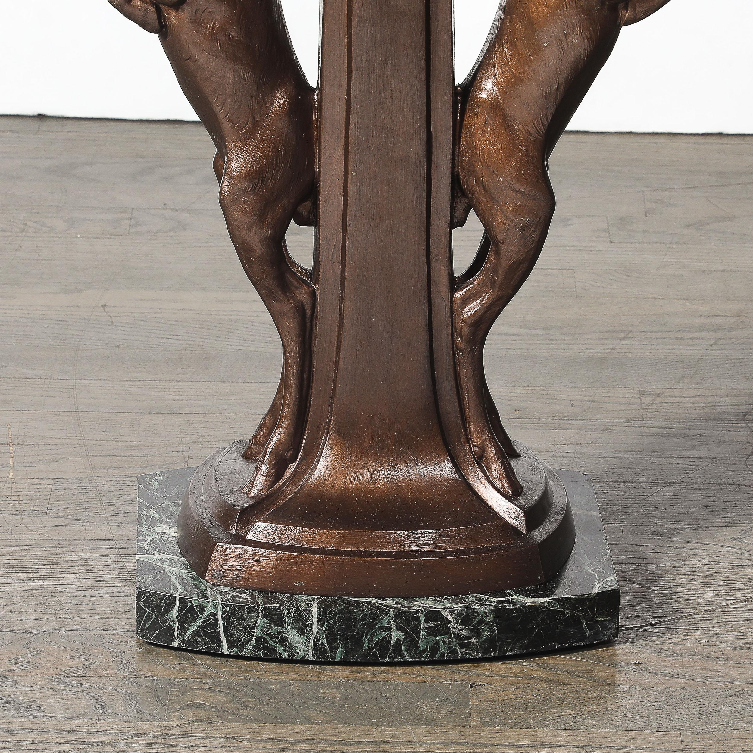 French Art Deco Sculptural Bronze Gazelle Motif & Green Marble Side Table signed P Sega For Sale