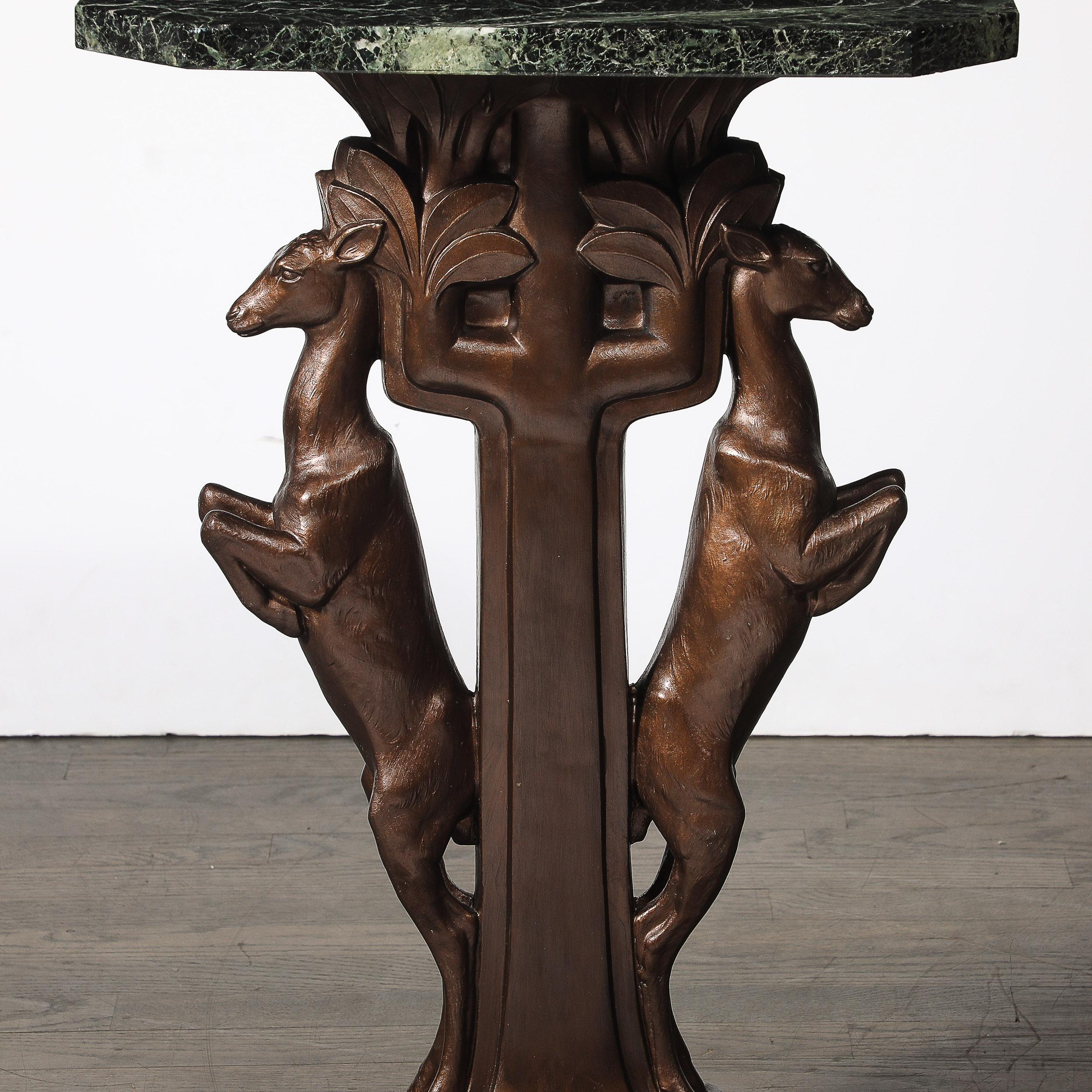 Art Deco Sculptural Bronze Gazelle Motif & Green Marble Side Table signed P Sega In Excellent Condition For Sale In New York, NY