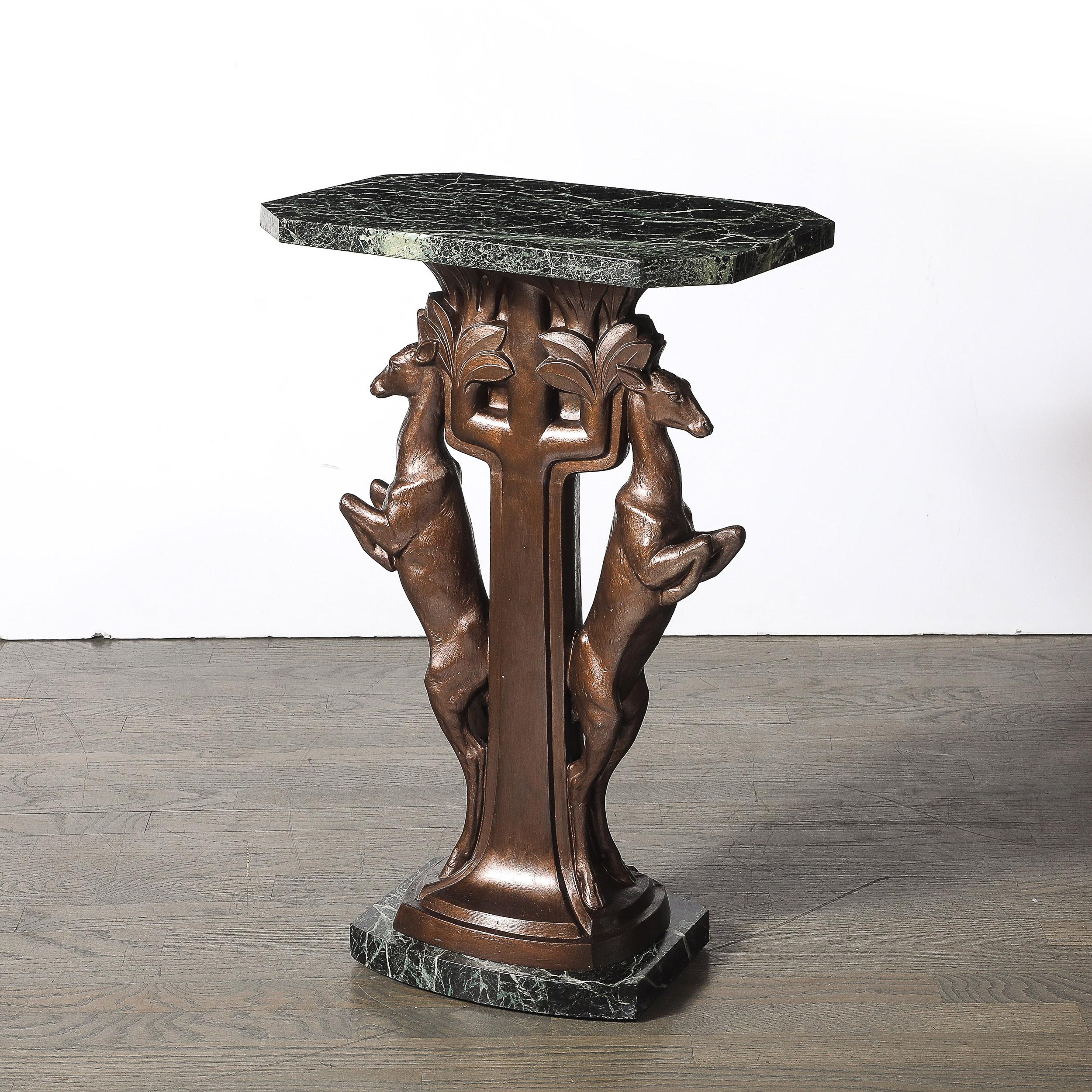 Mid-20th Century Art Deco Sculptural Bronze Gazelle Motif & Green Marble Side Table signed P Sega For Sale