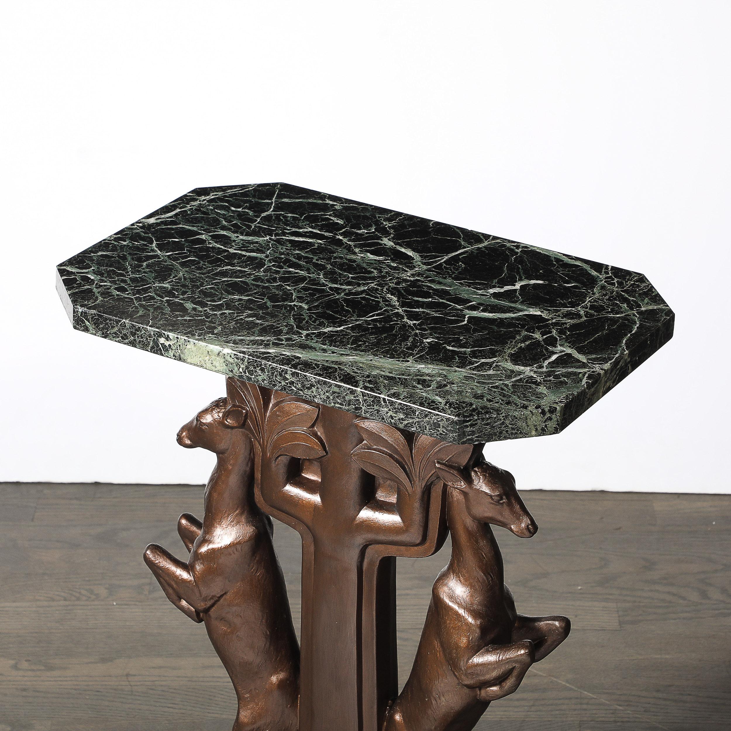 Art Deco Sculptural Bronze Gazelle Motif & Green Marble Side Table signed P Sega For Sale 1
