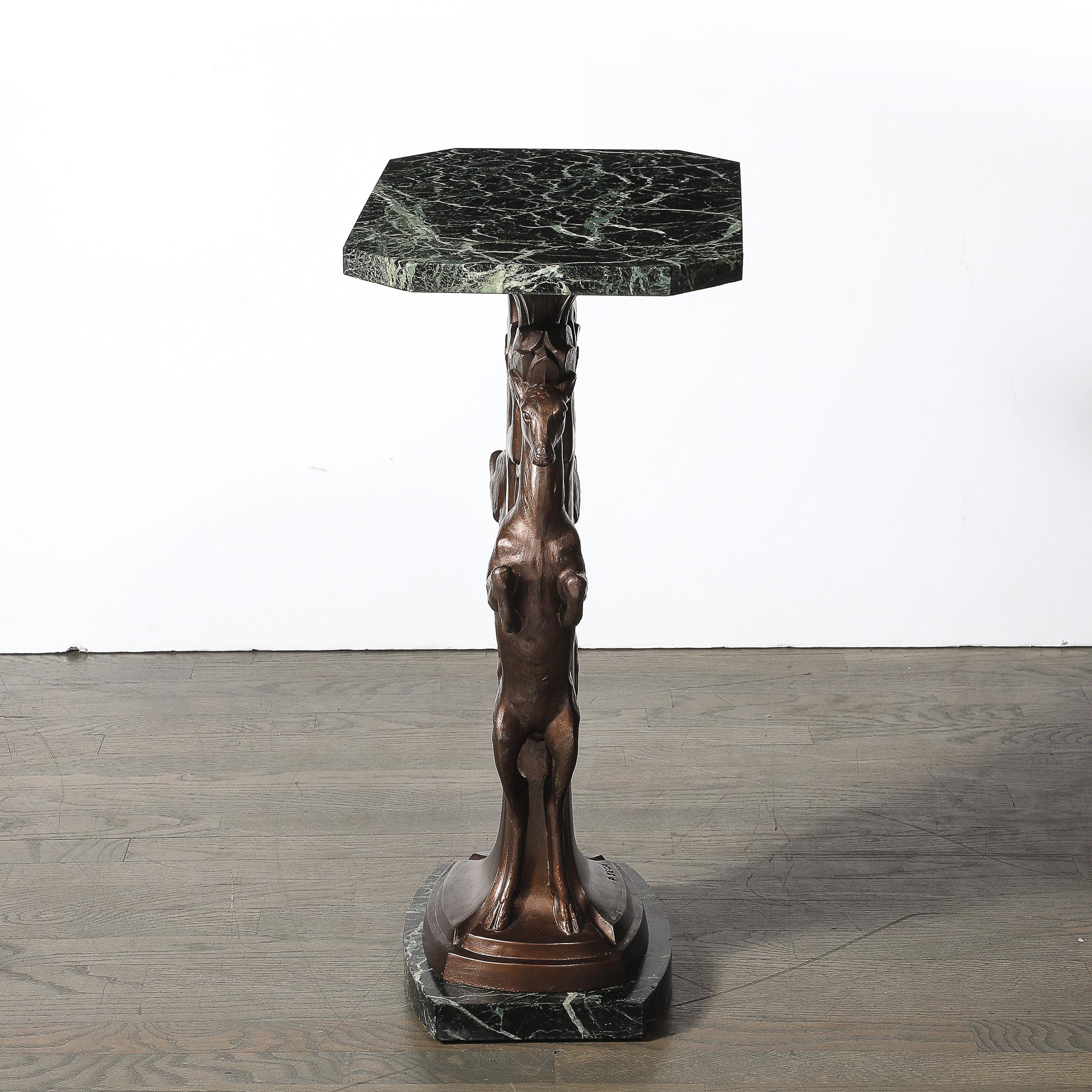 Art Deco Sculptural Bronze Gazelle Motif & Green Marble Side Table signed P Sega For Sale 3