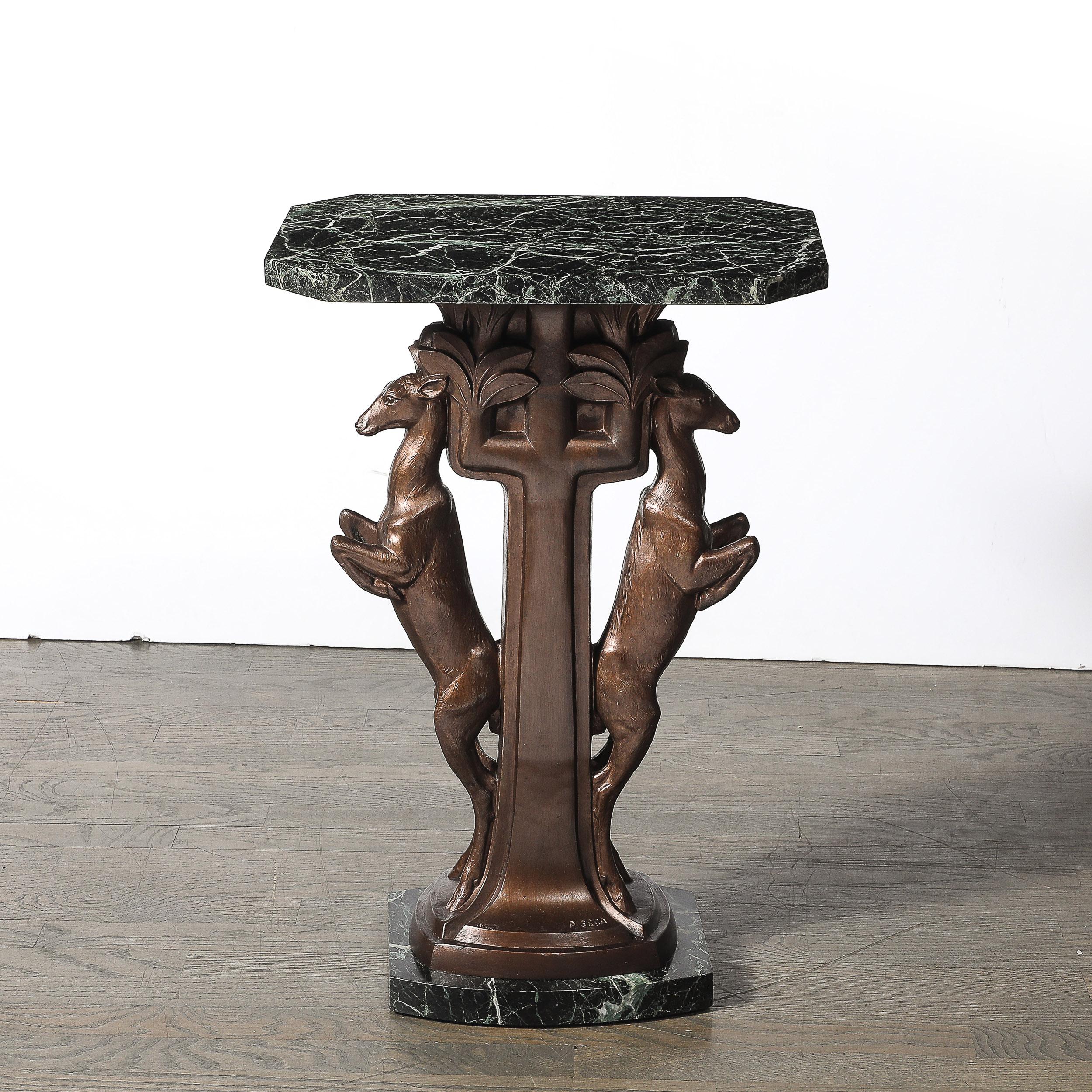 Art Deco Sculptural Bronze Gazelle Motif & Green Marble Side Table signed P Sega For Sale 4