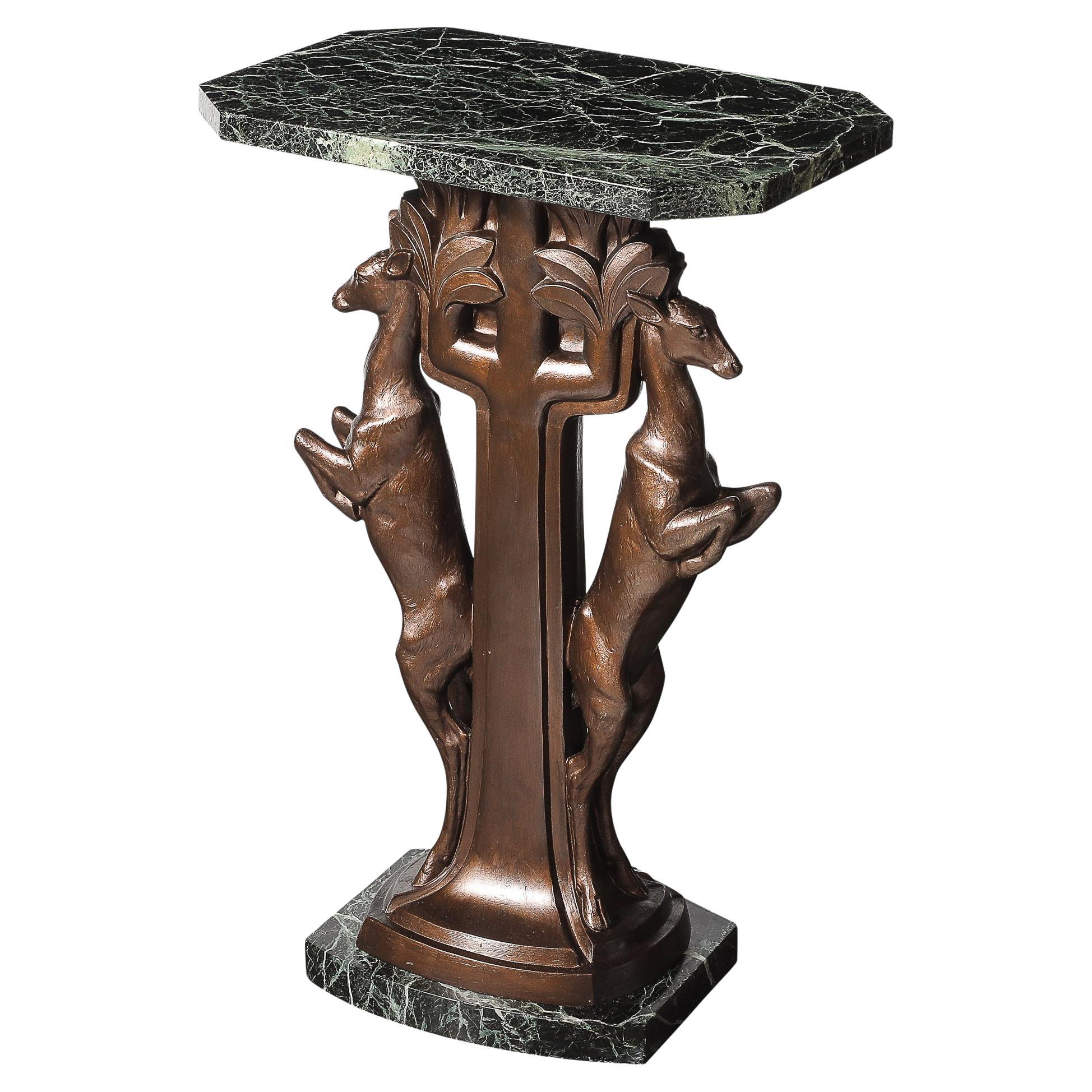 Art Deco Sculptural Bronze Gazelle Motif & Green Marble Side Table signed P Sega For Sale