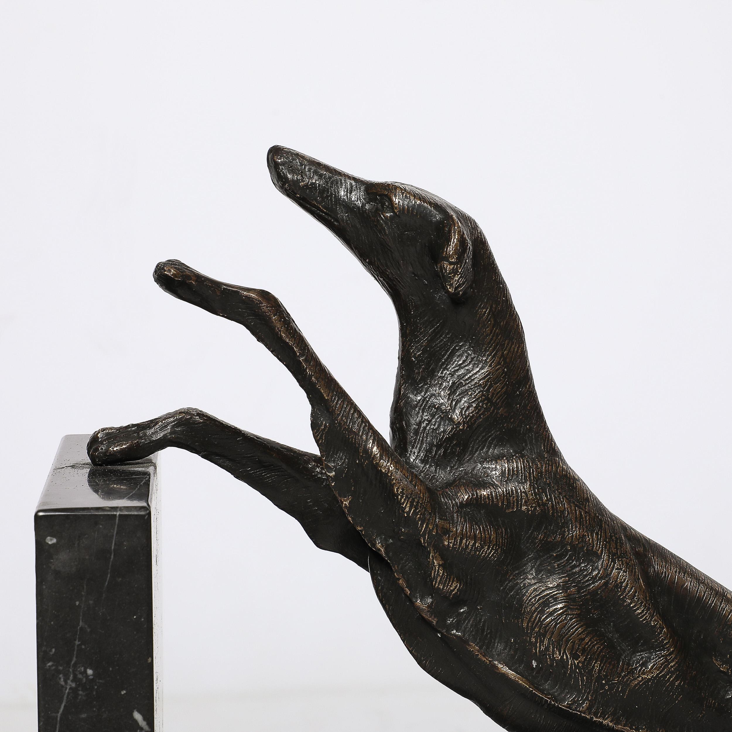 Art Deco Sculptural Bronze Greyhound Bookends on Nero Marquina Marble Bases For Sale 5