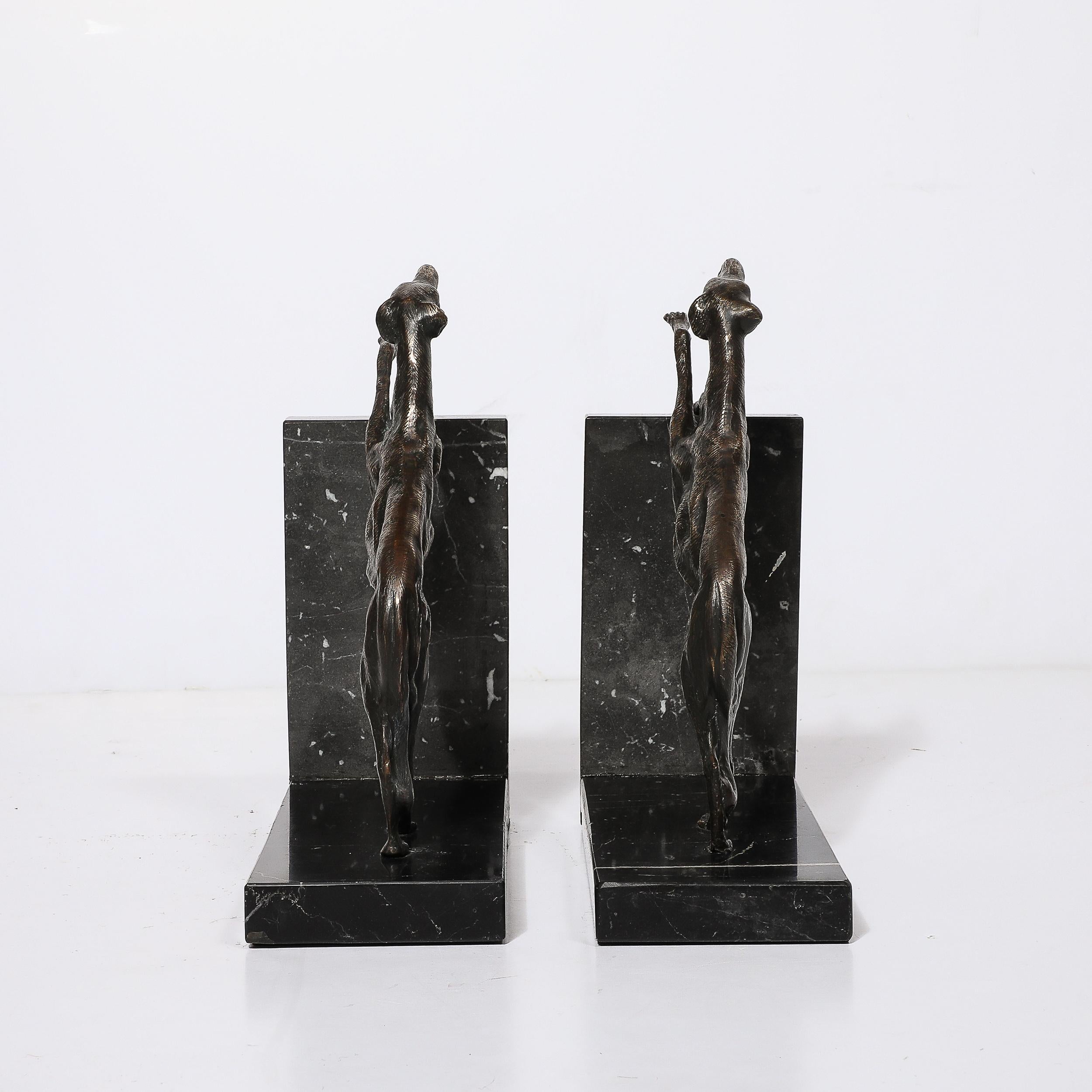 Art Deco Sculptural Bronze Greyhound Bookends on Nero Marquina Marble Bases For Sale 6