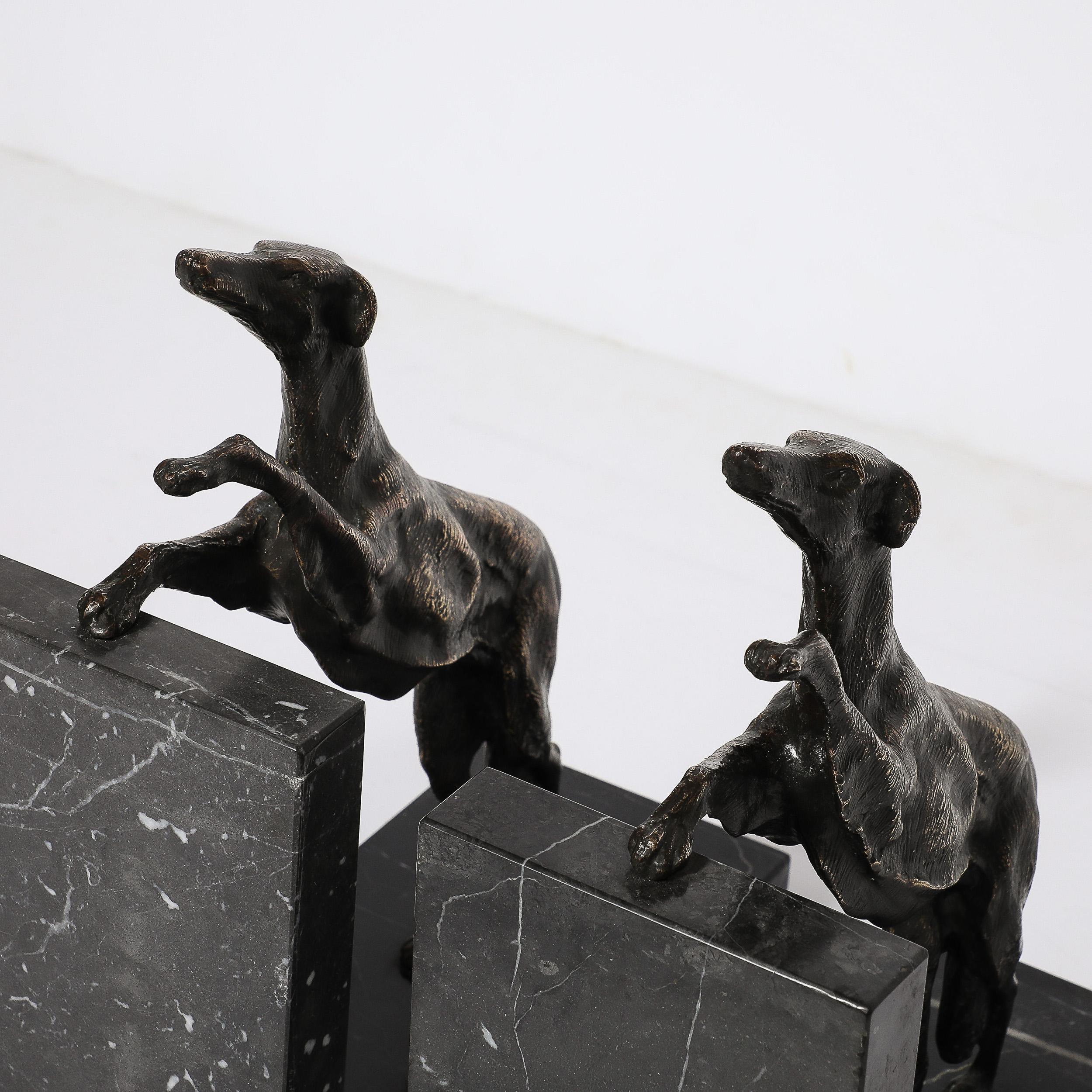 Art Deco Sculptural Bronze Greyhound Bookends on Nero Marquina Marble Bases For Sale 7