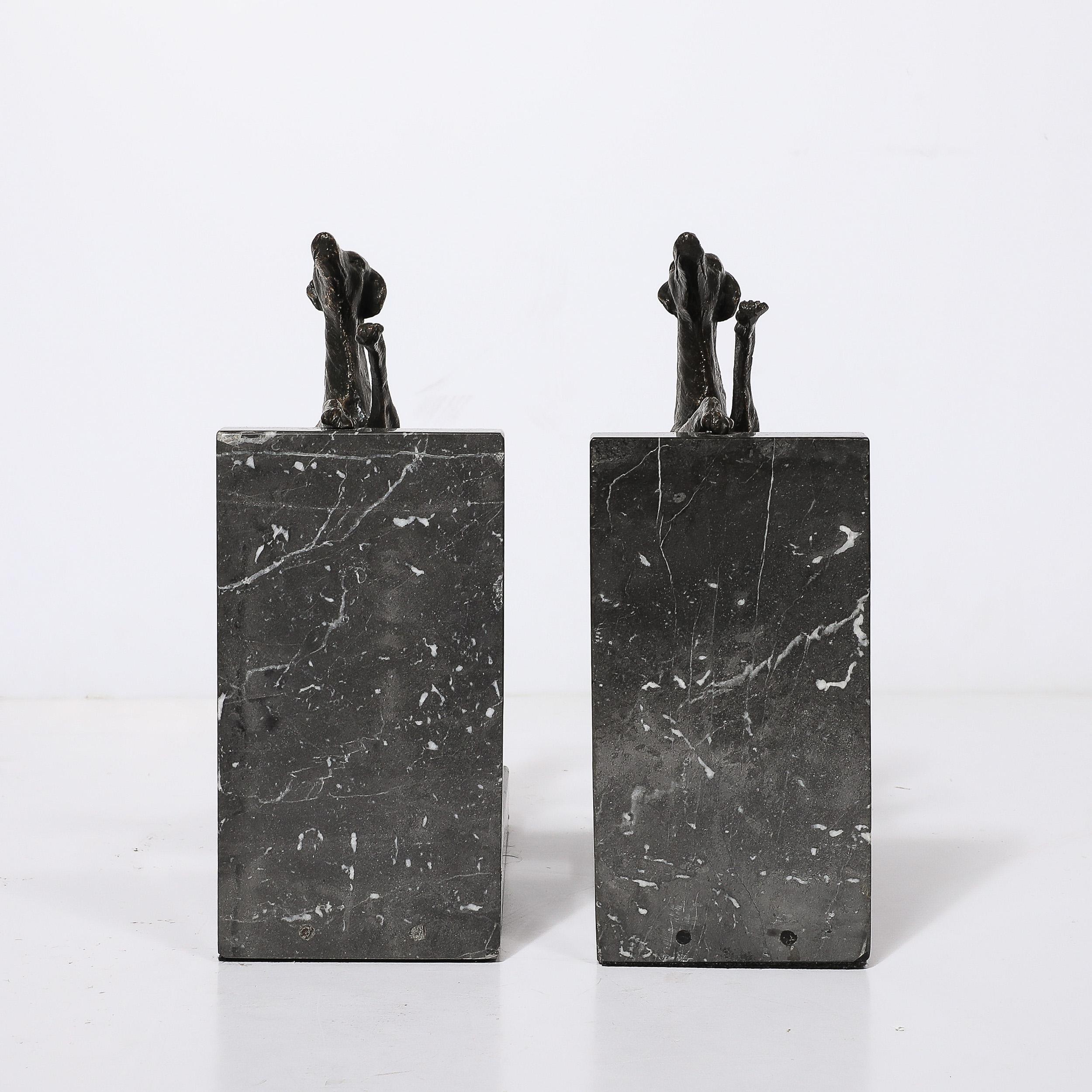 Art Deco Sculptural Bronze Greyhound Bookends on Nero Marquina Marble Bases For Sale 8