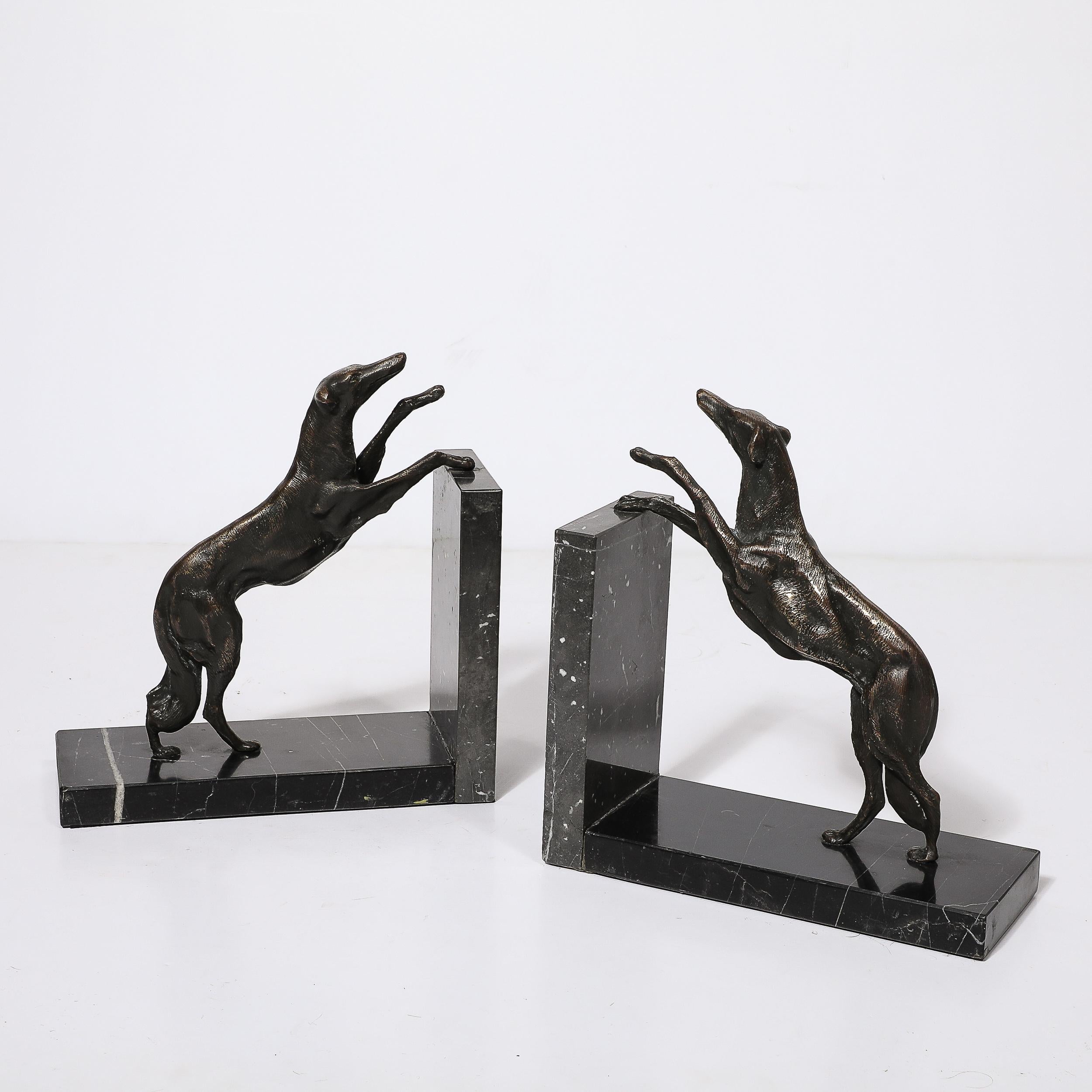 Art Deco Sculptural Bronze Greyhound Bookends on Nero Marquina Marble Bases For Sale 9