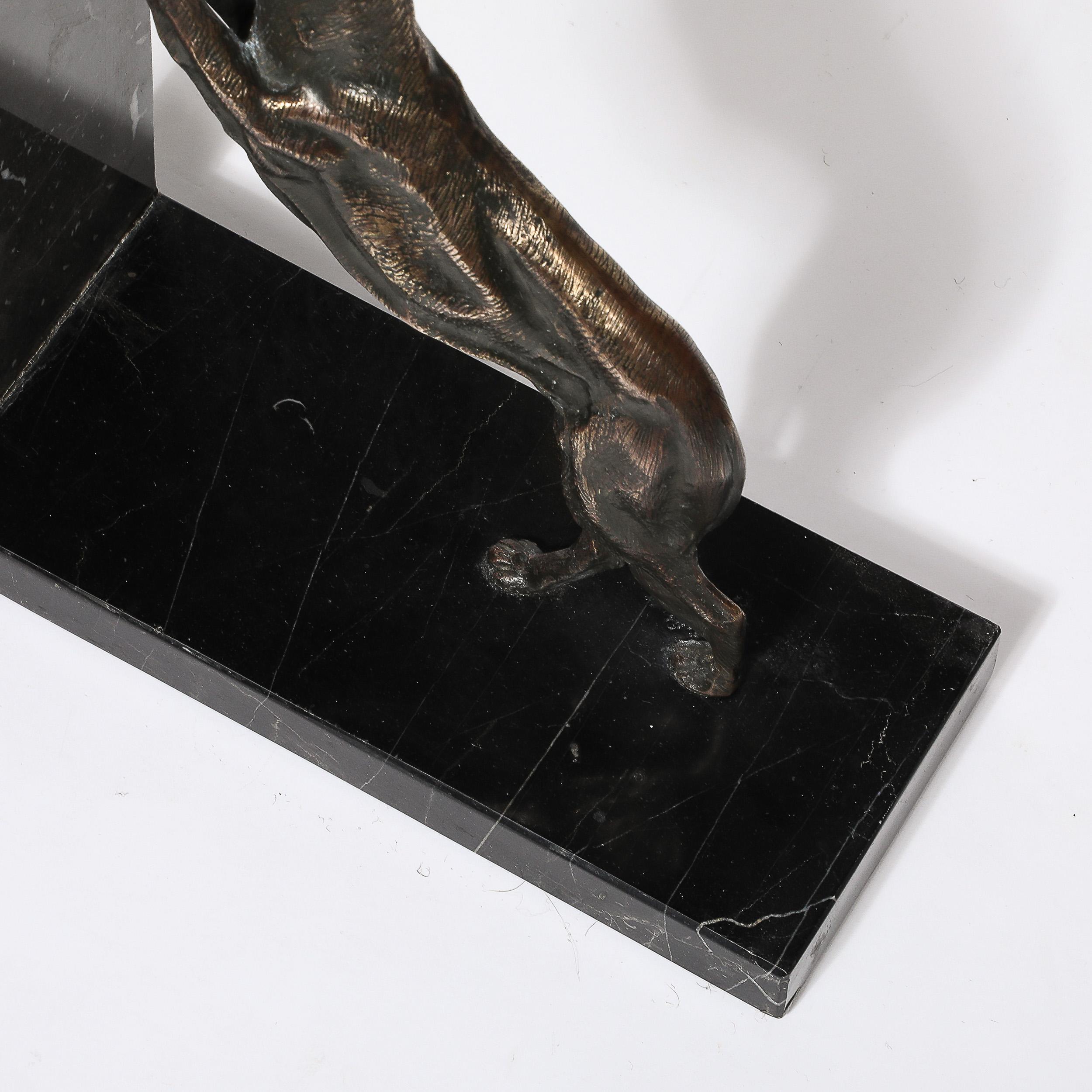 Art Deco Sculptural Bronze Greyhound Bookends on Nero Marquina Marble Bases For Sale 11