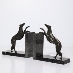 Art Deco Sculptural Bronze Greyhound Bookends on Nero Marquina Marble Bases