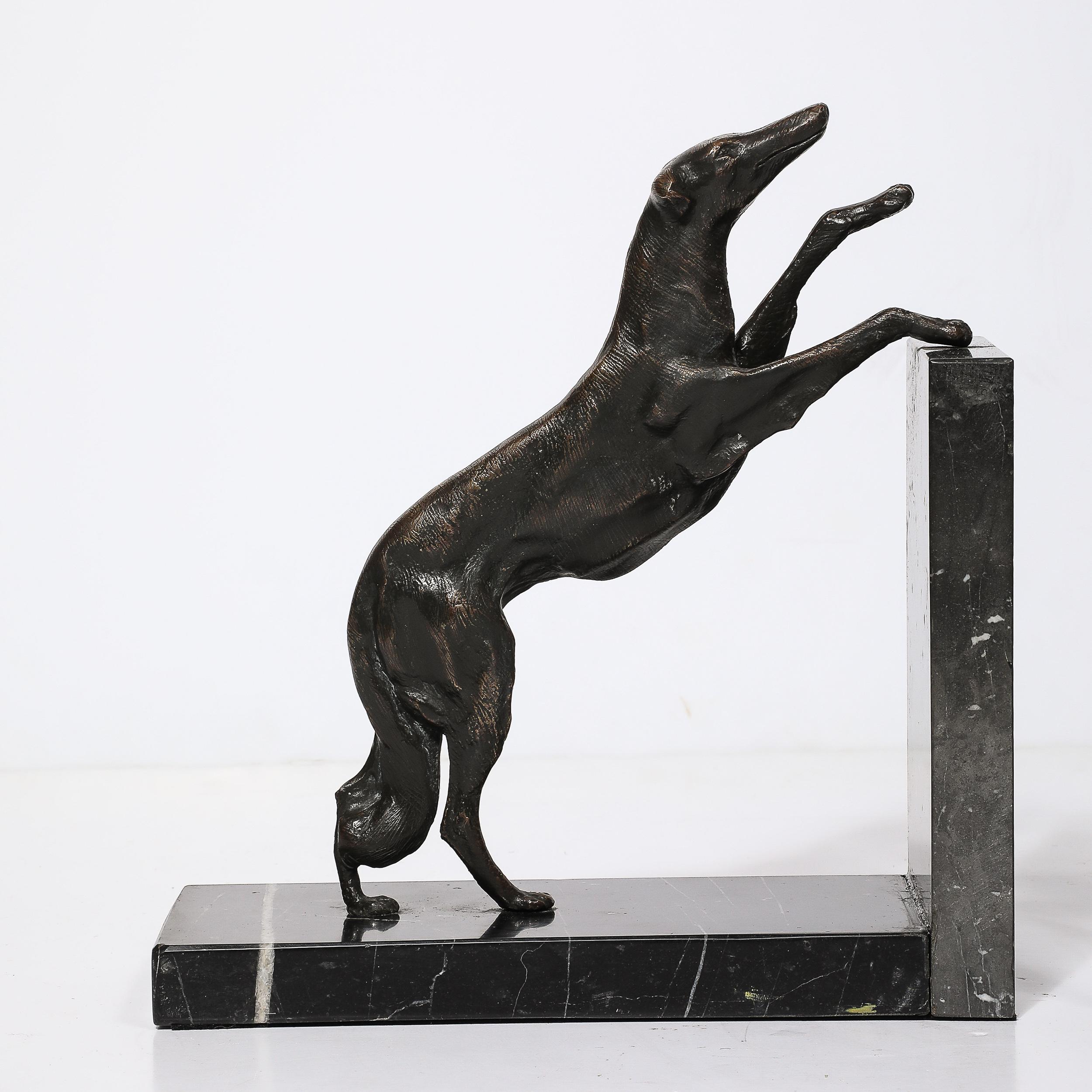 Art Deco Sculptural Bronze Greyhound Bookends on Nero Marquina Marble Bases In Excellent Condition For Sale In New York, NY