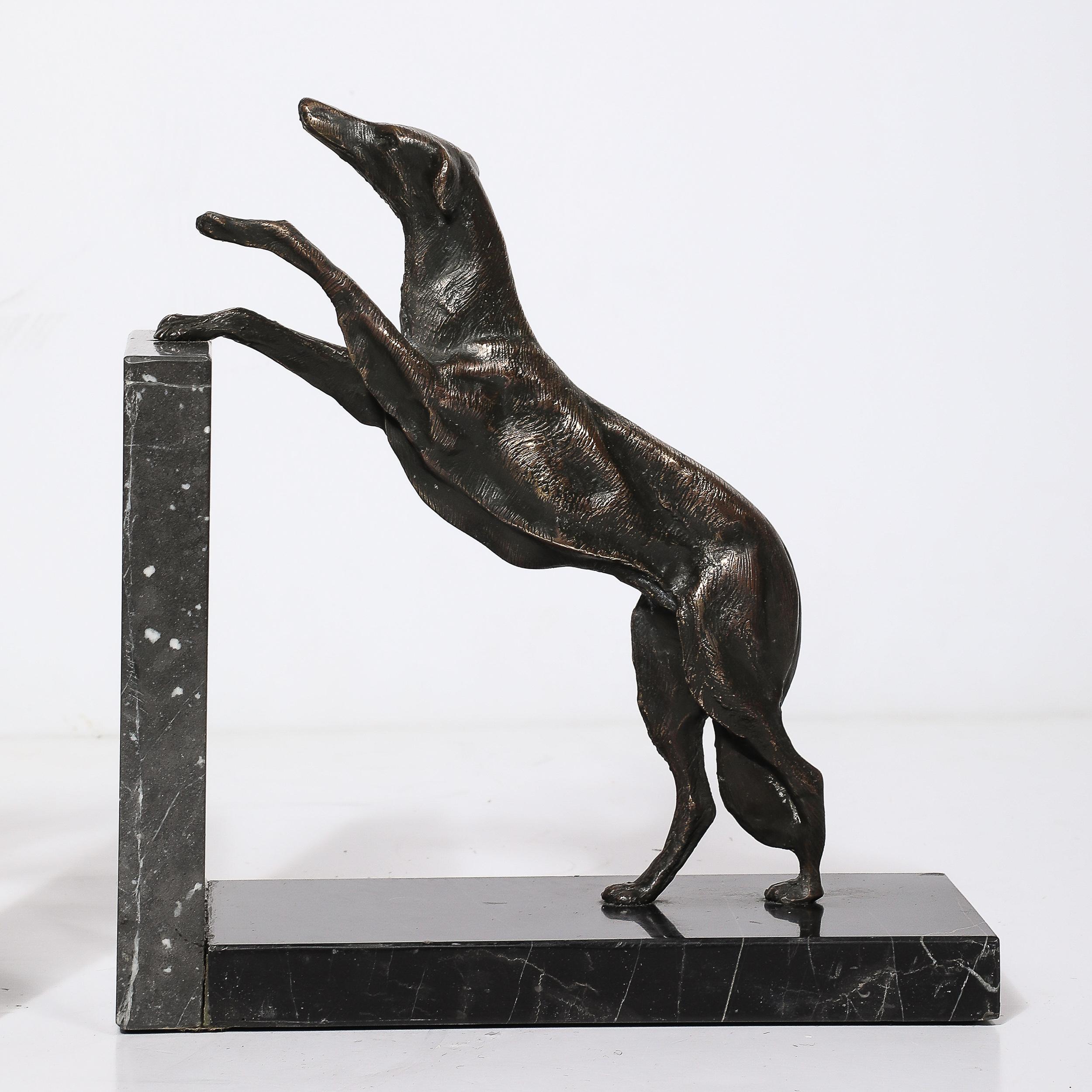 Mid-20th Century Art Deco Sculptural Bronze Greyhound Bookends on Nero Marquina Marble Bases For Sale