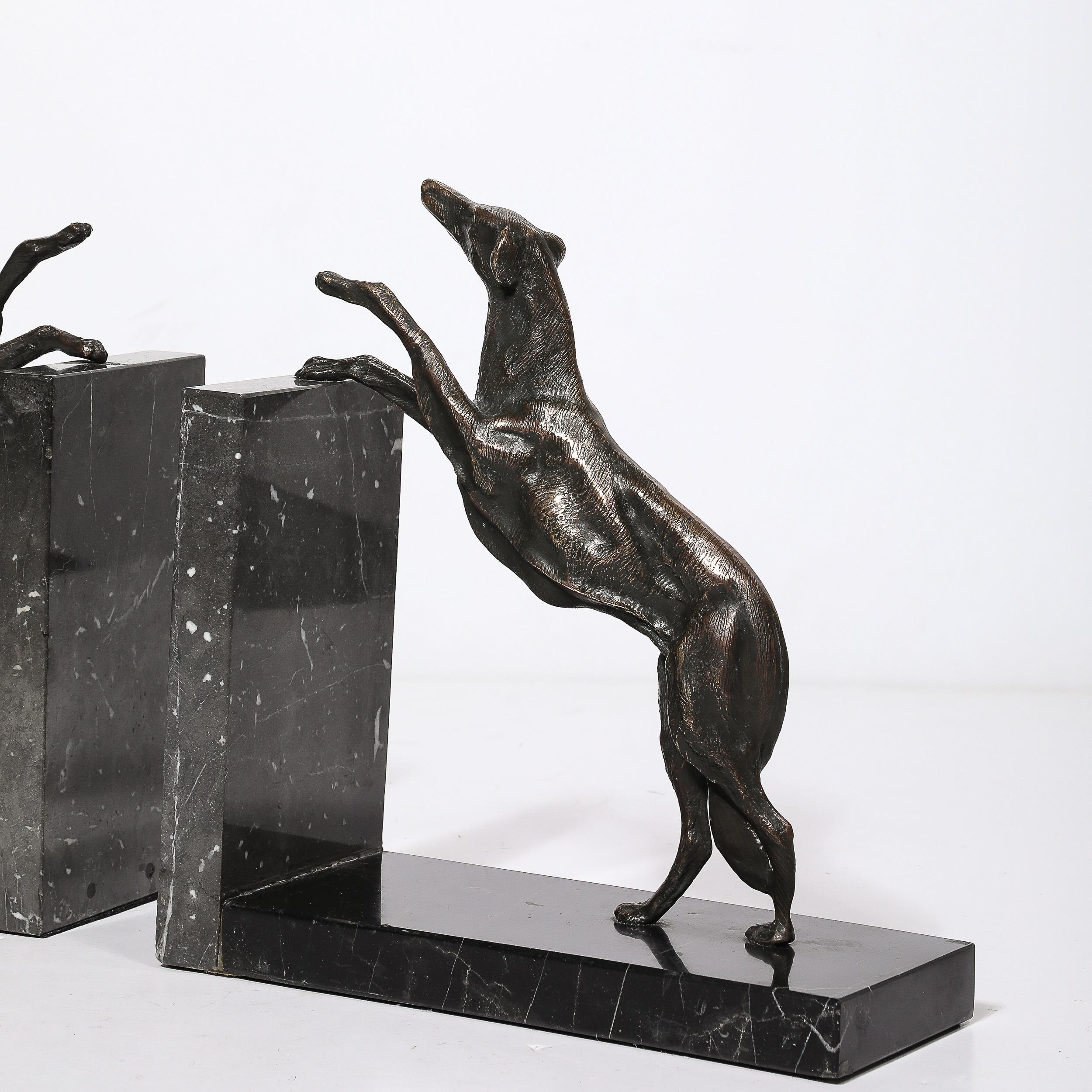 Art Deco Sculptural Bronze Greyhound Bookends on Nero Marquina Marble Bases For Sale 1