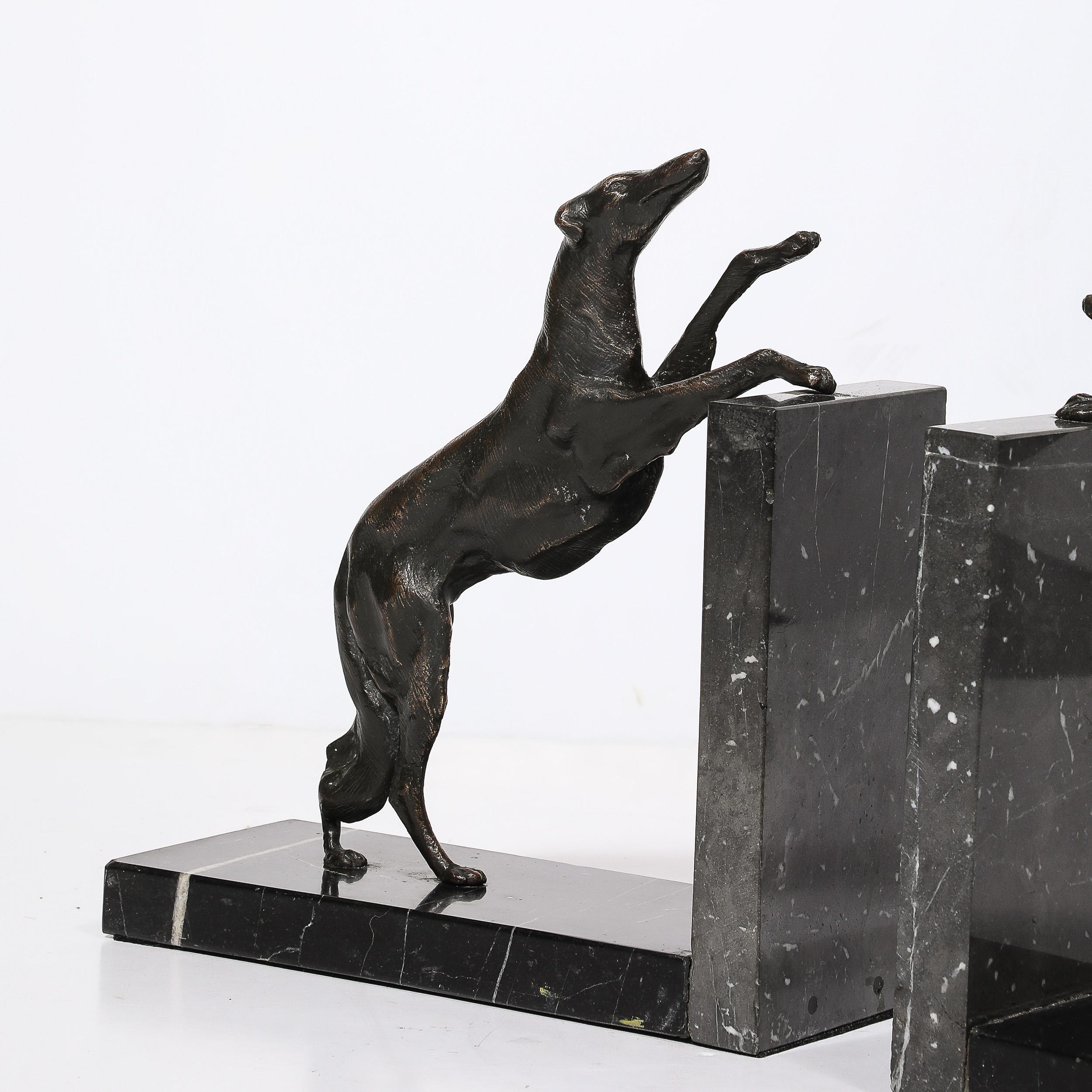 Art Deco Sculptural Bronze Greyhound Bookends on Nero Marquina Marble Bases For Sale 2