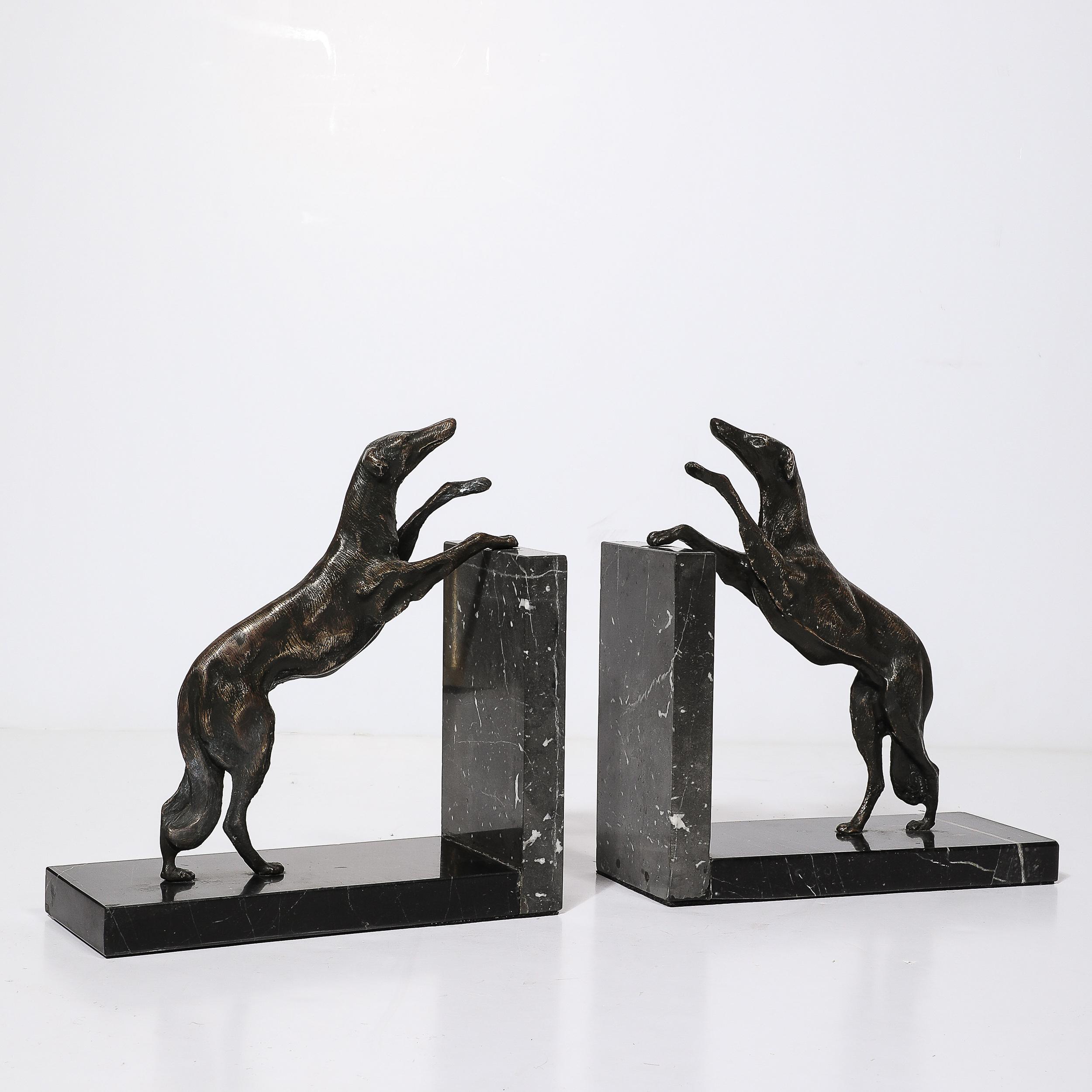 Art Deco Sculptural Bronze Greyhound Bookends on Nero Marquina Marble Bases For Sale 3