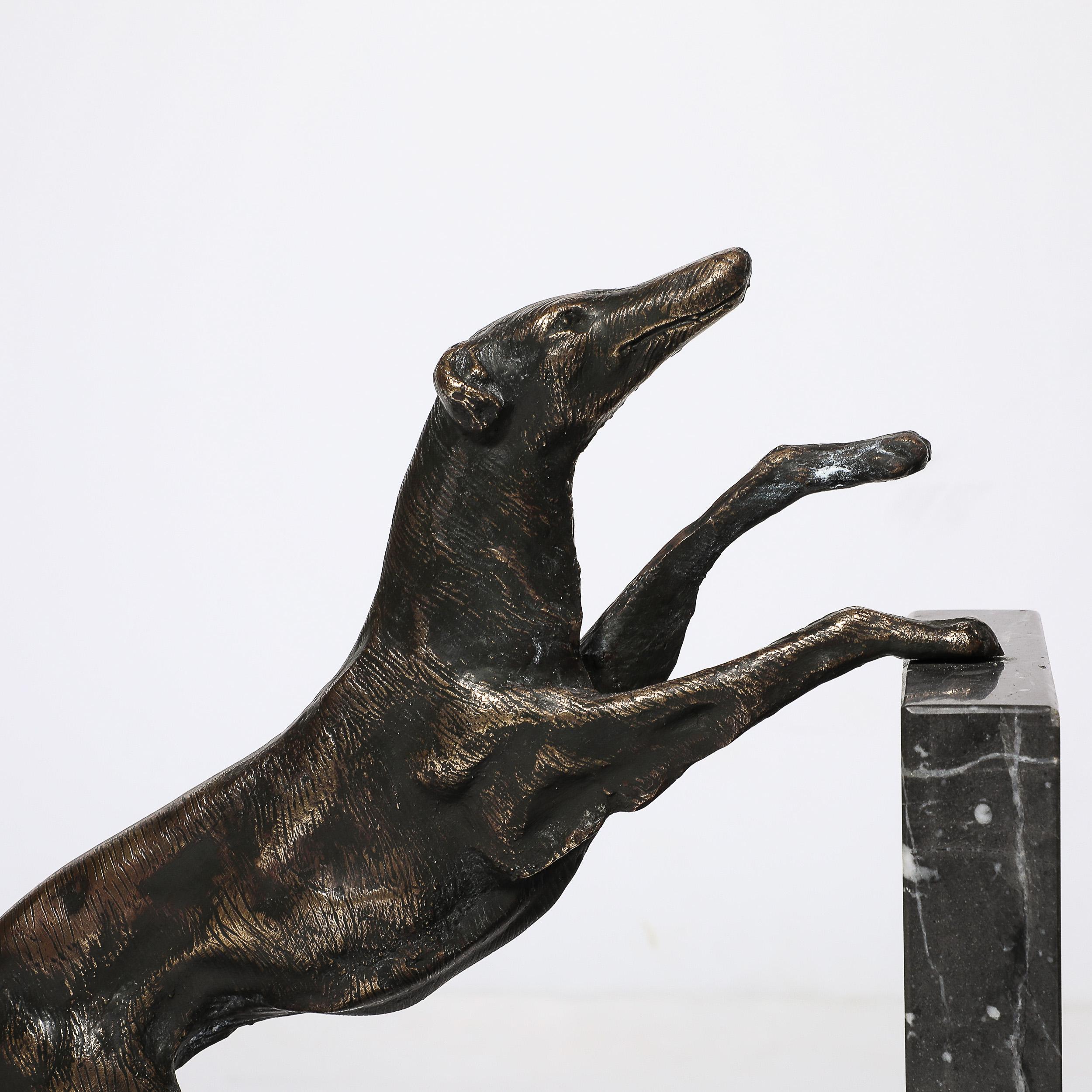 Art Deco Sculptural Bronze Greyhound Bookends on Nero Marquina Marble Bases For Sale 4