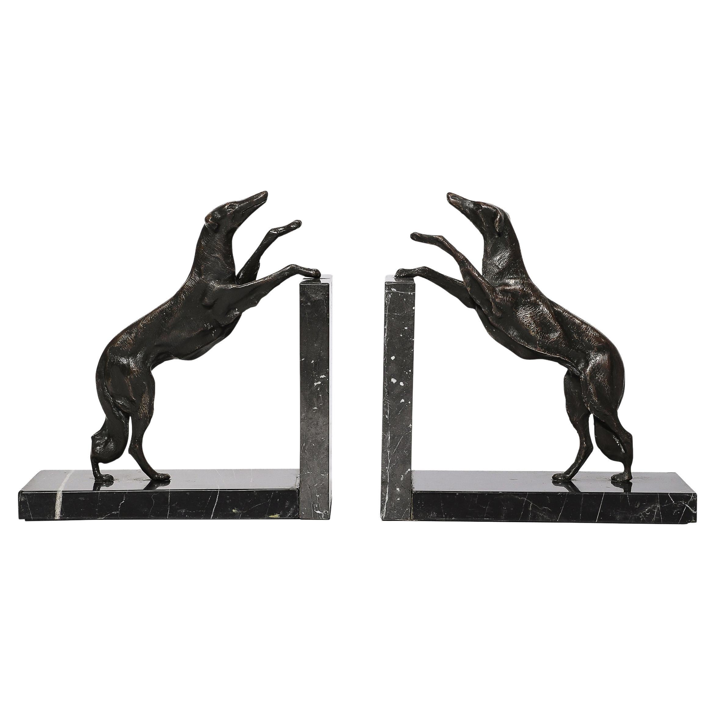 Art Deco Sculptural Bronze Greyhound Bookends on Nero Marquina Marble Bases
