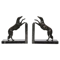 Art Deco Sculptural Bronze Greyhound Bookends on Nero Marquina Marble Bases