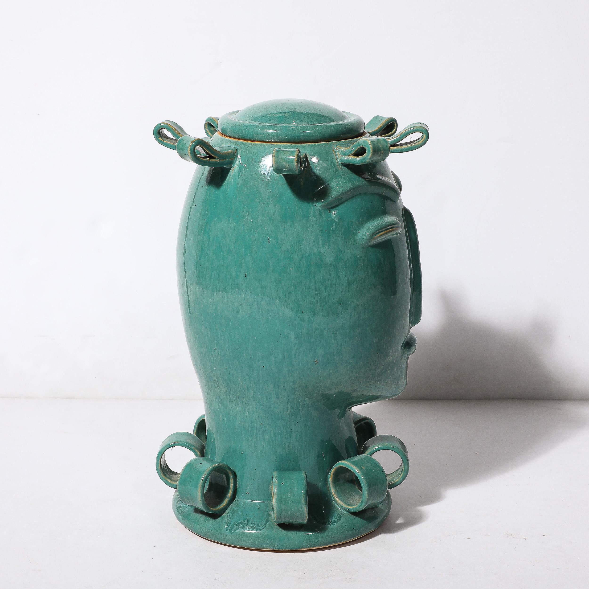 Art Deco Sculptural Ceramic Vase of Head in Turquoise Jade with Ribbon Detailing For Sale 5