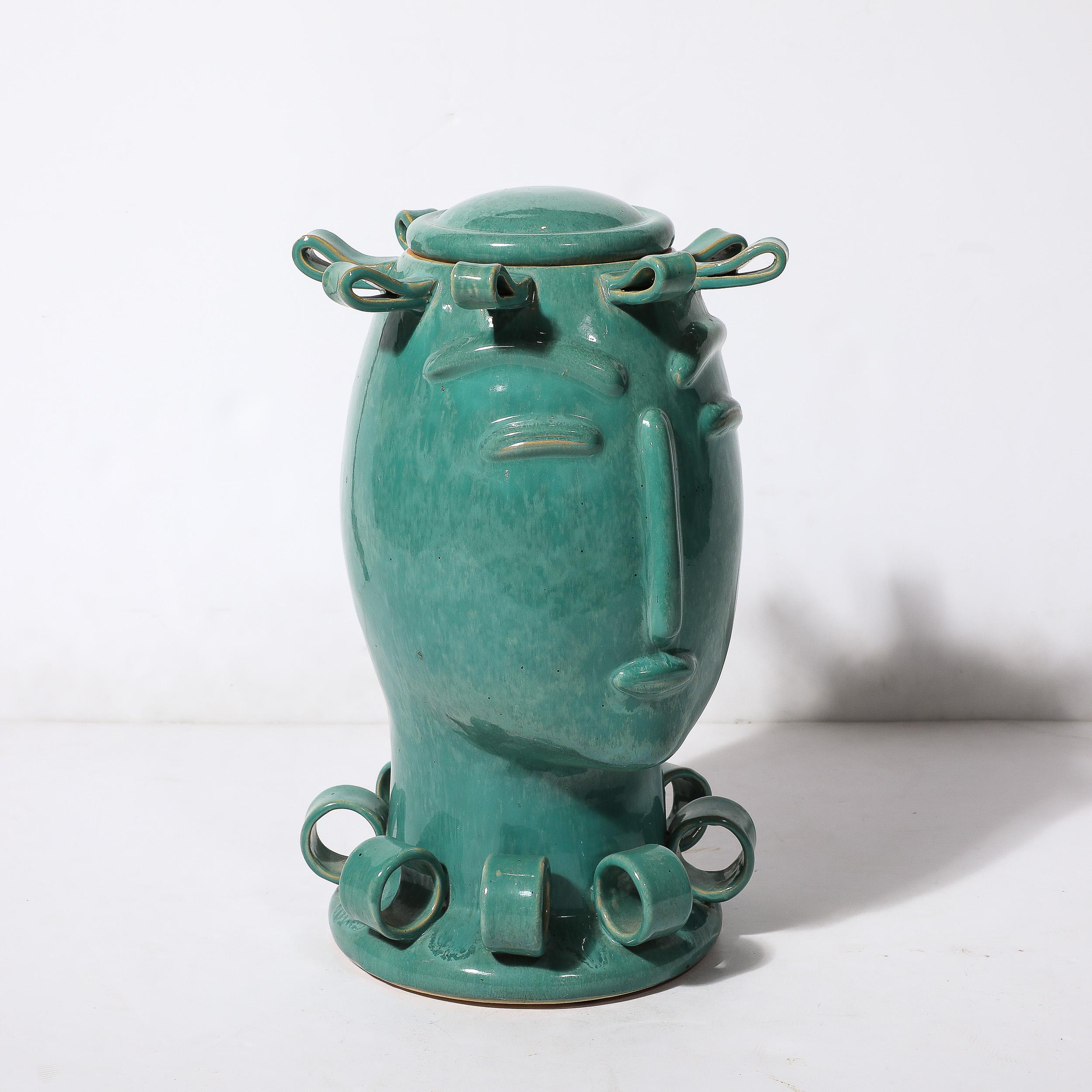 Art Deco Sculptural Ceramic Vase of Head in Turquoise Jade with Ribbon Detailing For Sale 7