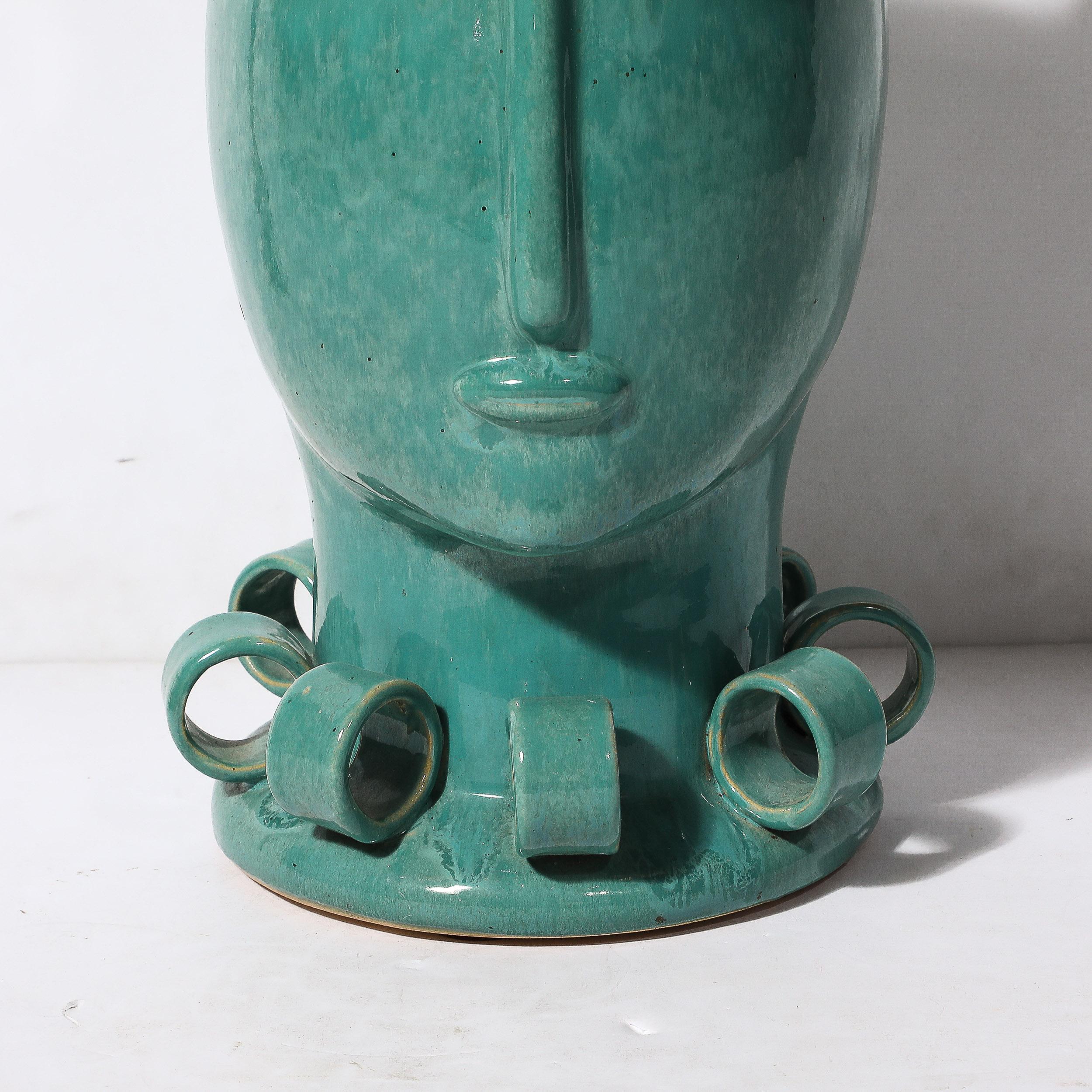 French Art Deco Sculptural Ceramic Vase of Head in Turquoise Jade with Ribbon Detailing For Sale